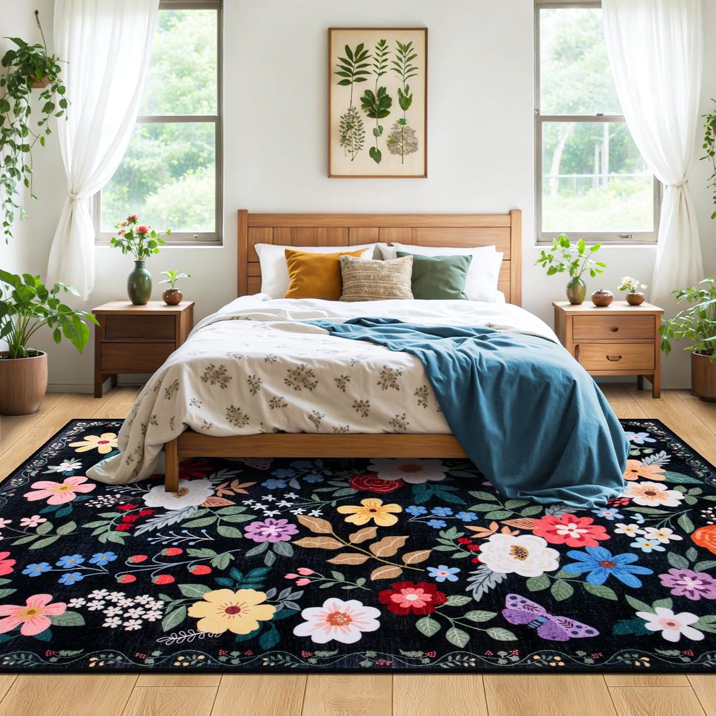 Area Rug Living Room Rugs: Floral 5x7 Washable Rug Vintage Soft Boho Non-Slip Carpet Indoor Floor Stain Resistant Large Carpets for Bedroom Dining Room Farmhouse Nursery Hallway Home Office Black