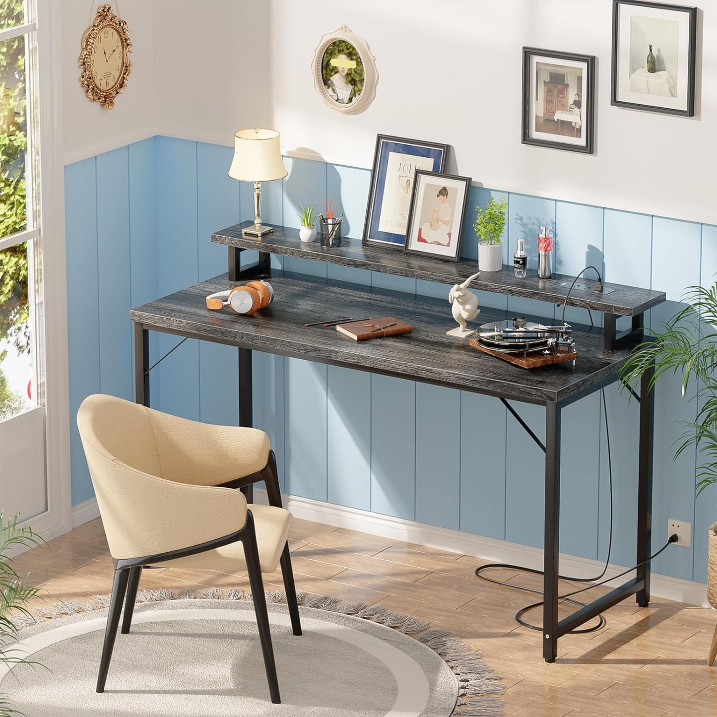 47 inch Computer Desk with Power Outlets, Gaming Desk with LED Lights, Home Office Work Desk with Monitor Shelf, Modern Office Desk Study Writing Table for Small Spaces, Black Oak