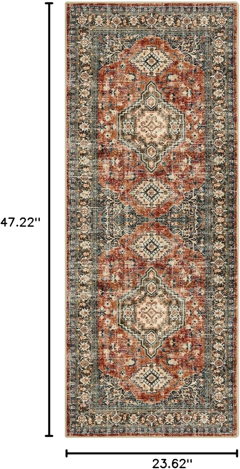 Lahome Oriental Small Area Rug, 2x4 Washable Entryway Rug Non-Slip Ultra-Thin Indoor Door Mat Distressed Throw Carpet for Kitchen Bedroom, Brick Red