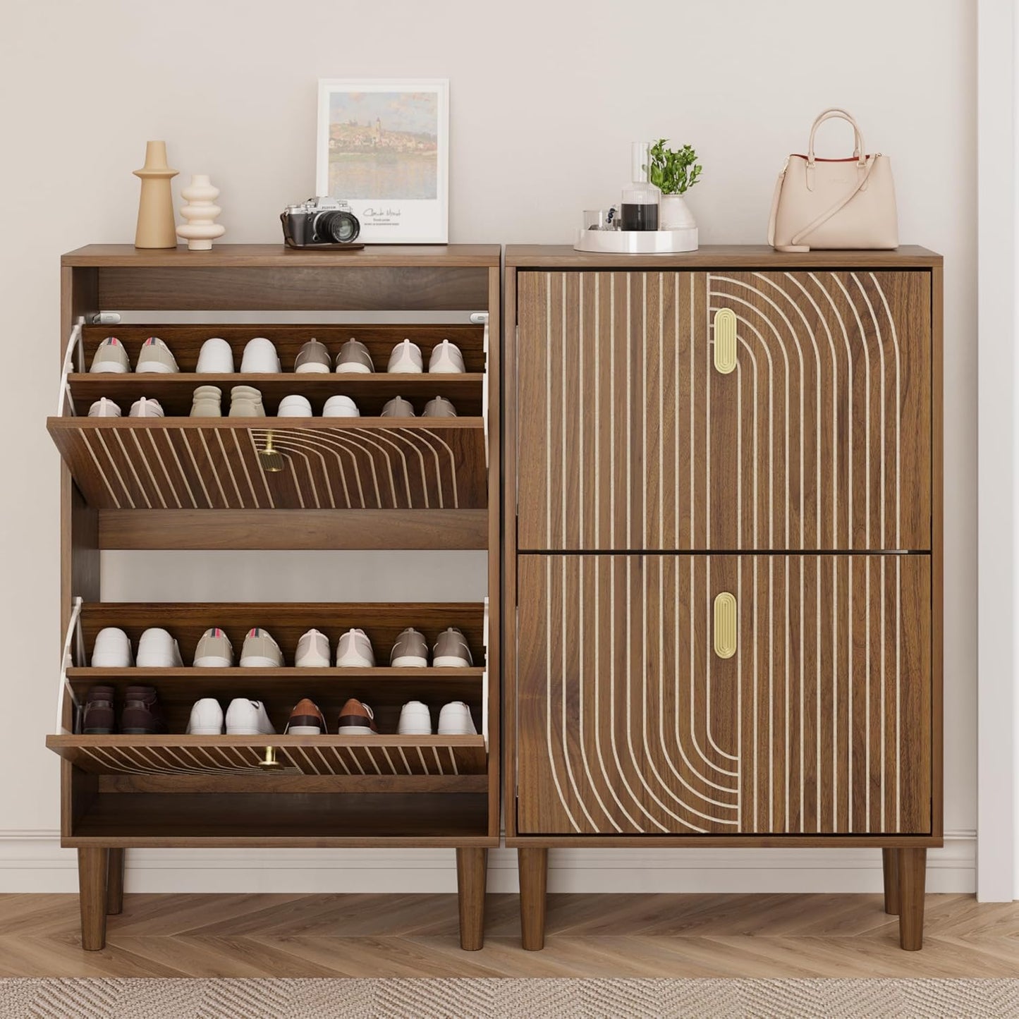 Smuxee Shoe Cabinet with 2 Flip Drawers, 23.6" Walnut Hidden Shoe Storage Cabinet with Line Groove Design, Freestanding Shoe Organizer Cabinet for Entryway, Hallway, Living Room
