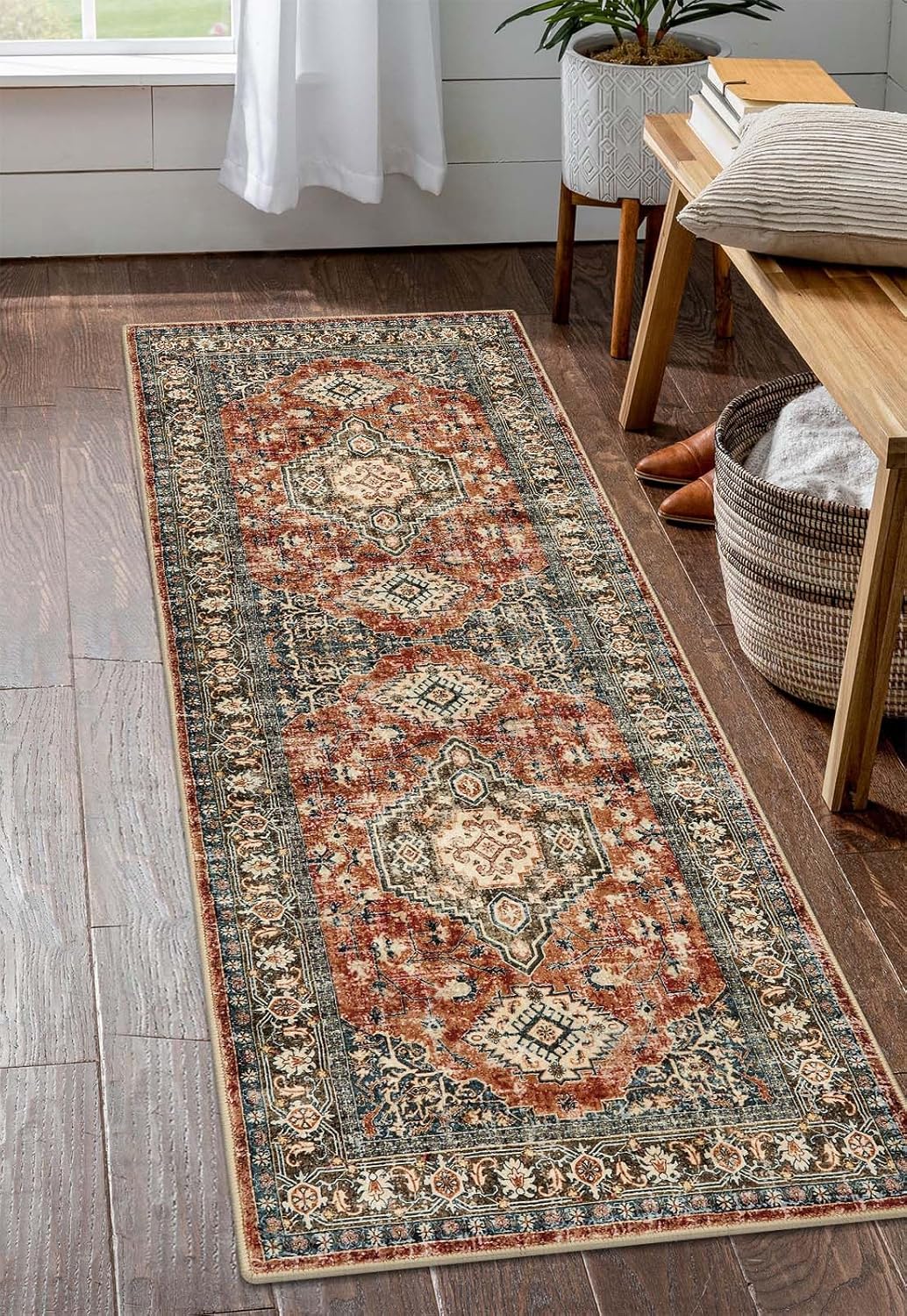 Lahome Oriental Washable Kitchen Runner Rug, 2x6 Carpet Runners for Hallway 6ft Non Skid, Vintage Soft Hallway Rug for Bathroom Bedroom Entryway, Brick Red