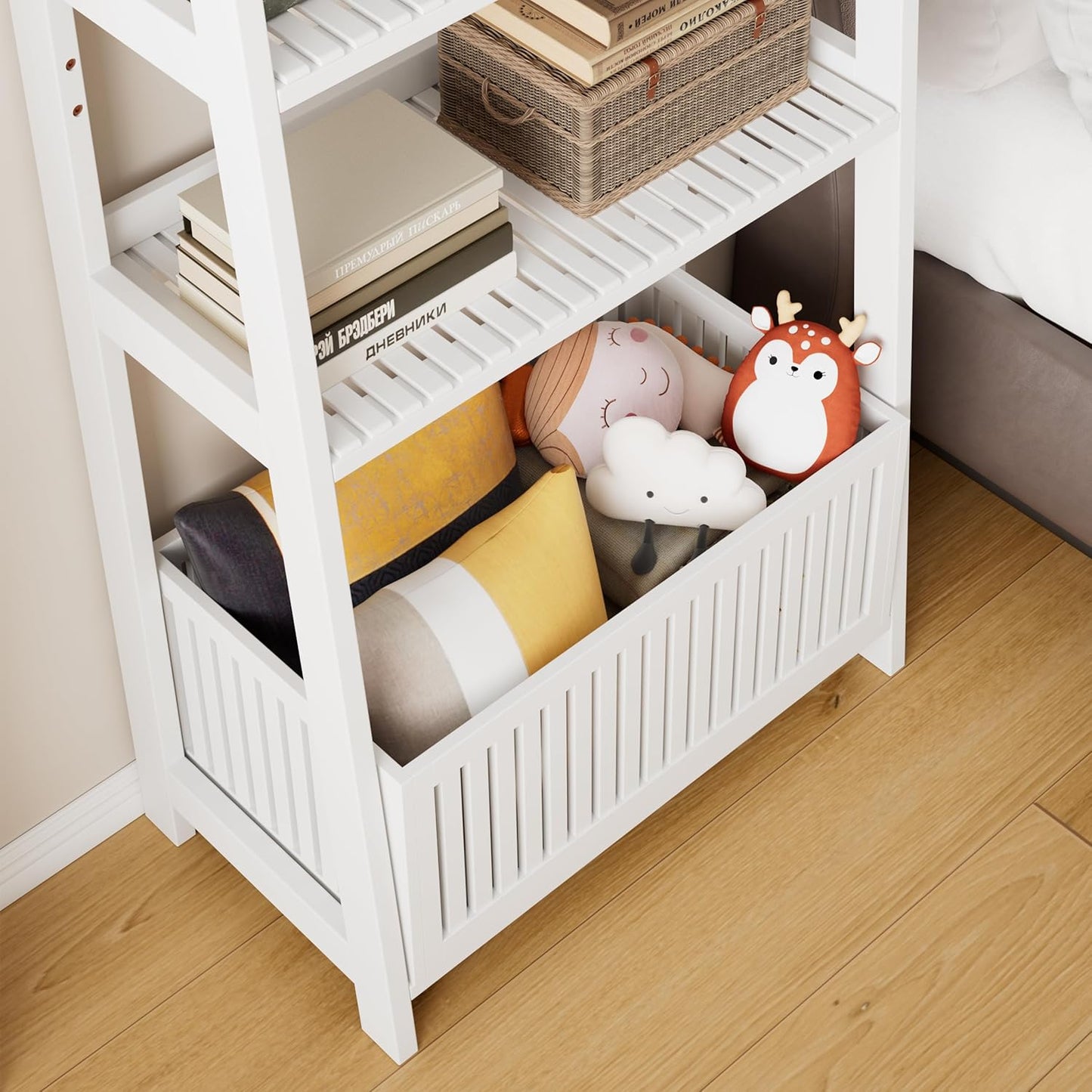 Bamjoy Bamboo White Bookshelf with Slatted Basket, Ladder Bookcase with 4 Display Shelves and 1 Open Storage Basket, Multifunctional Storage Rack Organizer for Home Office, Bedroom, Living Room, 66” H