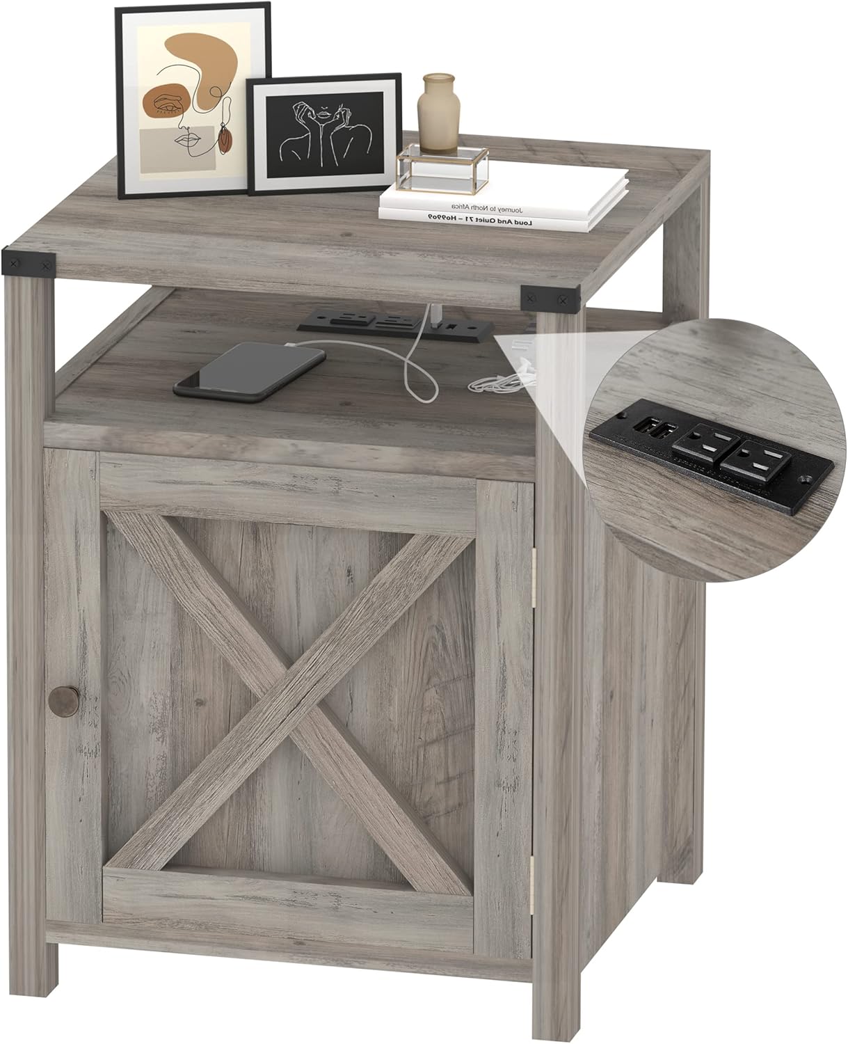 Farmhouse Nightstand with Charging Station, Rustic End Table Bedroom with Storage Living Room Side Table Grey Night Stand Industrial Bedside Bed Table with USB Ports and Outlets
