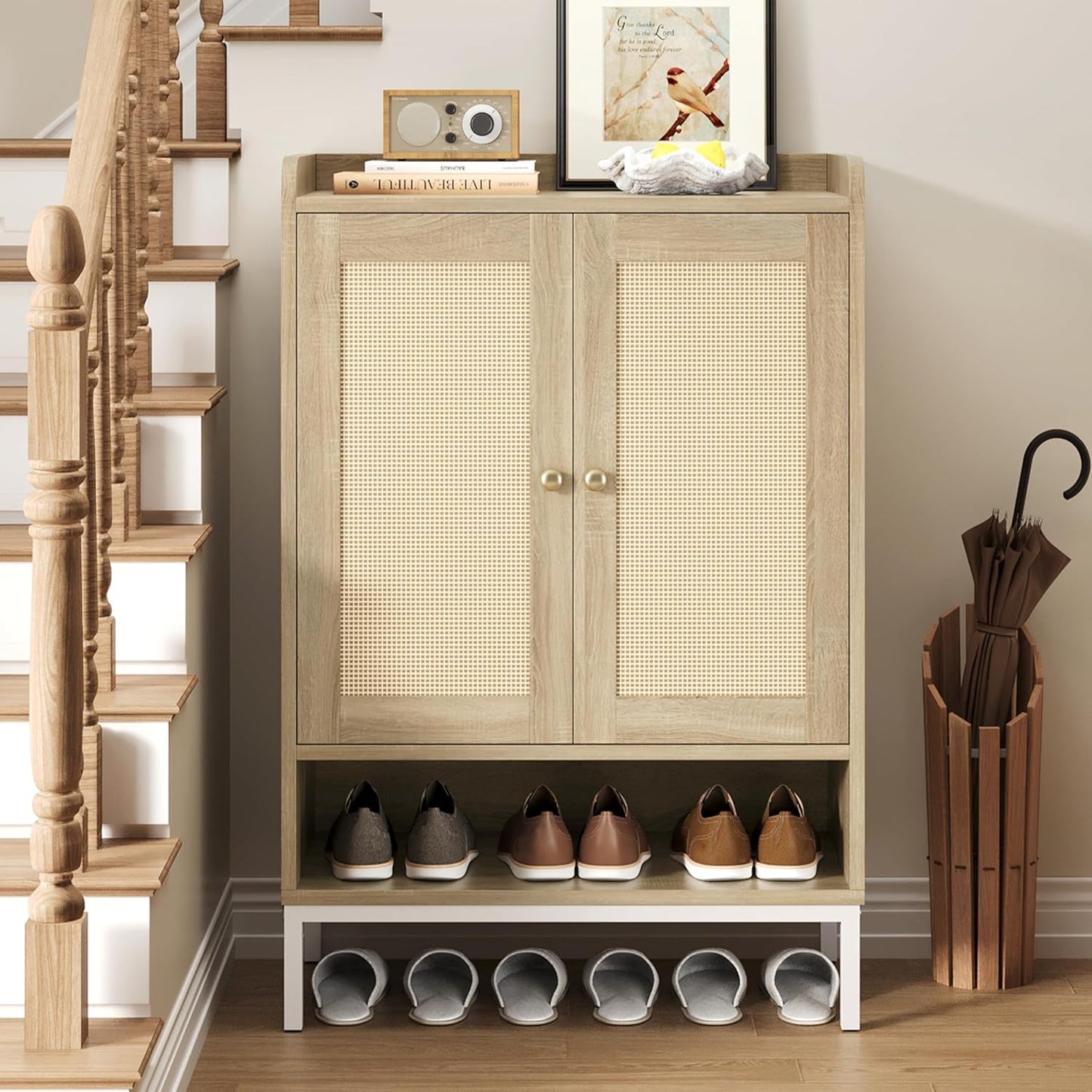 Rattan Shoe Cabinet Storage for Entryway, Shoe Cabinet with Adjustable Shelves for Entryway, 5-Tier, 20 Pair Shoe Rack Storage for Hallway, Closet, Living Room, Natural