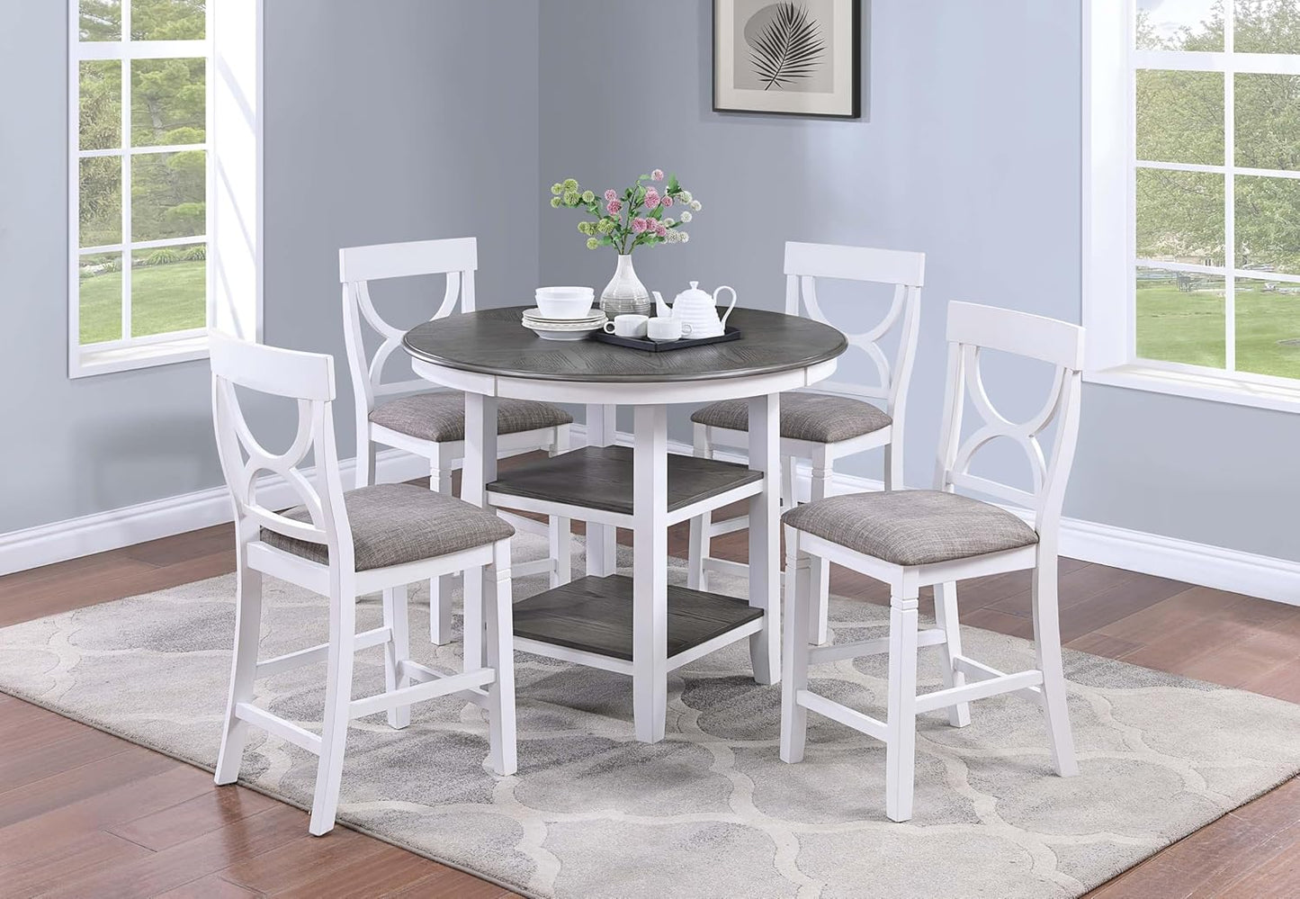 Poundex 5 Piece Counter Height Dining Set in White and Gray