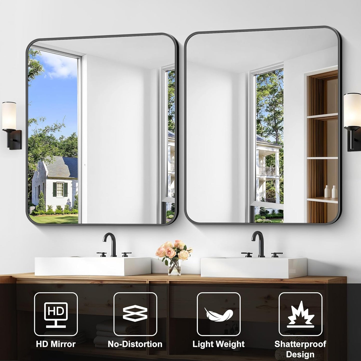 Bathroom Mirror, 36 x 30 inch Metal Framed Black Rectangle Mirror, Rounded Corner Rectangular Vanity Mirror, Wall Mounted Mirror for Modern Bedroom Living Room Hangs Horizontal or Vertical