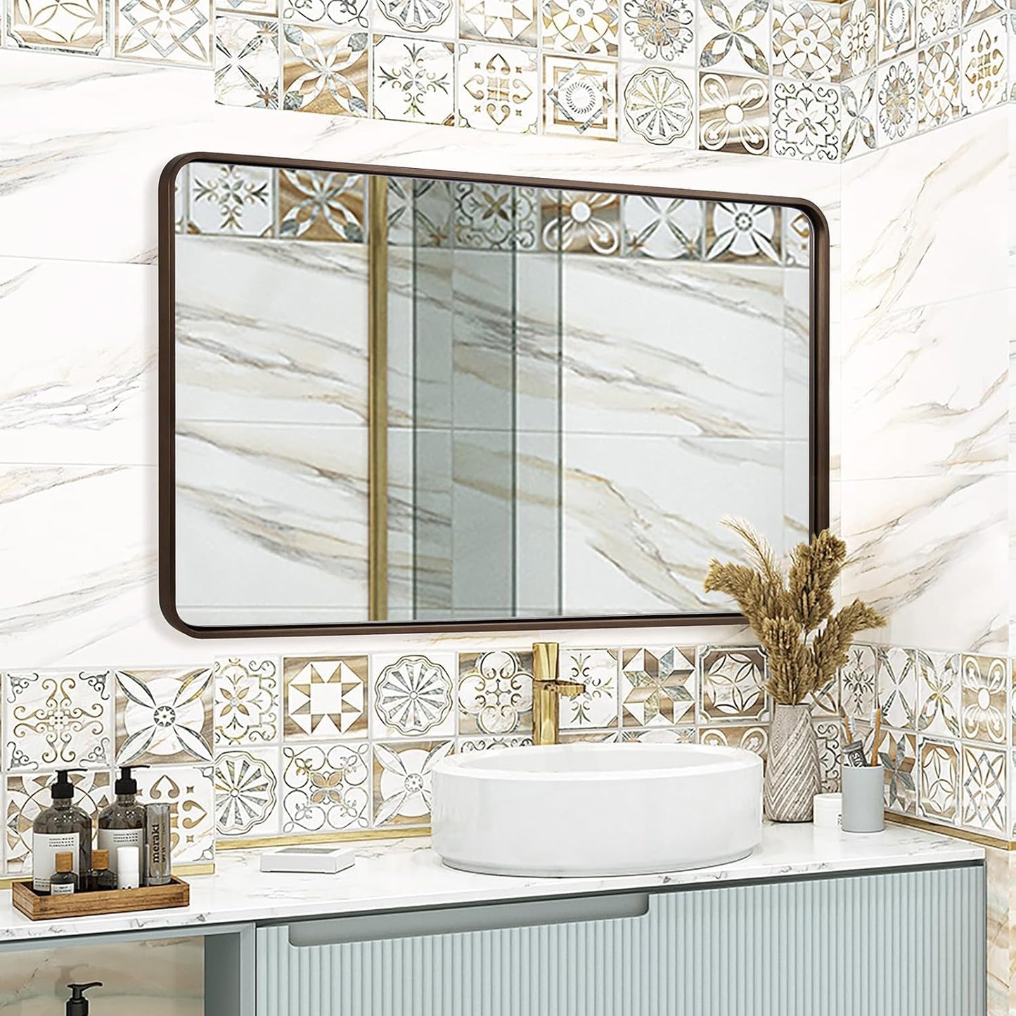 ANDY STAR Bronze Bathroom Mirror, 30x48 Inch Oil Rubbed Bronze Mirror Rounded Rectangle Tube Metal Frame 1’’ Deep, Wall-Mounted Horizontal/Vertical