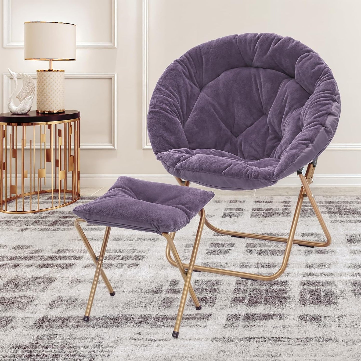 MoNiBloom Round Folding Faux Fur Saucer Chair for Bedroom Living Room Dorm Foldable Metal Frame Oversized Large Comfy Furry Padded Soft Cozy Moon Chair with Footrest Ottoman for Adults (Purple)