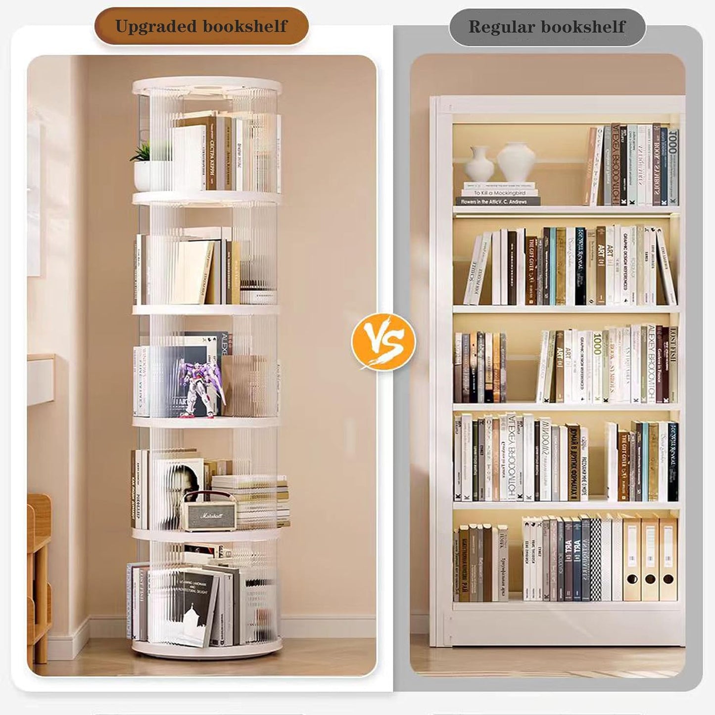 Rotating Bookshelf Tower,360° Rotating Bookshelf,66 inch High Small Space Revolving Bookcase, Suitable for Spinning Bookshelf Tower in Home and Office (White, 5 Tier, 16x16x66)