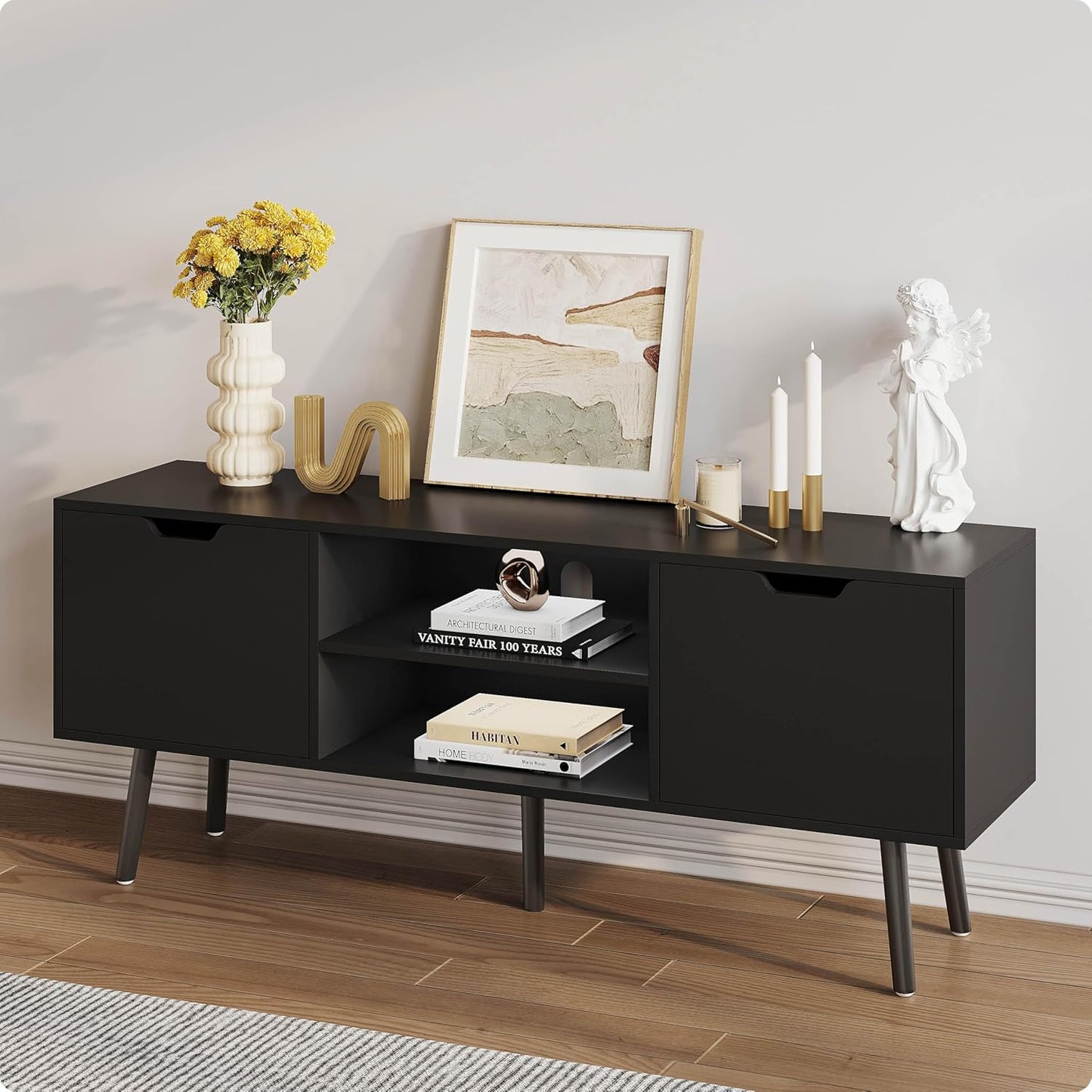 ALINE FURNITURE Black TV Stand with Storage - Media Console Cabinet for 50 55 60 Inch TVs - Entertainment Center - Wood TV Stands for Living Room