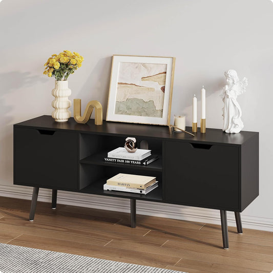 ALINE FURNITURE Black TV Stand with Storage - Media Console Cabinet for 50 55 60 Inch TVs - Entertainment Center - Wood TV Stands for Living Room
