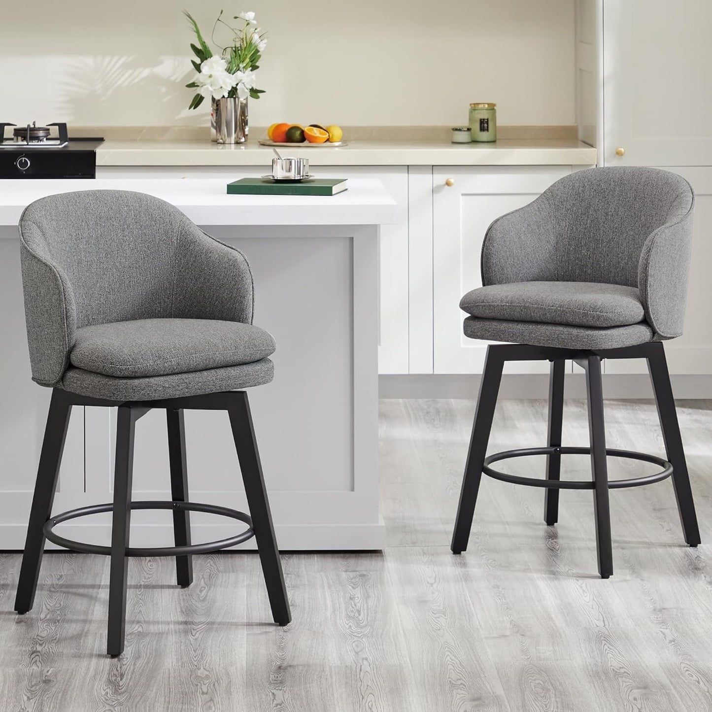 Counter Height Barstools 26 inch Upholstered Swivel Bar Stools with Back and Wood Legs for Kitchen Island,Set of 2,Dark Grey Fabric