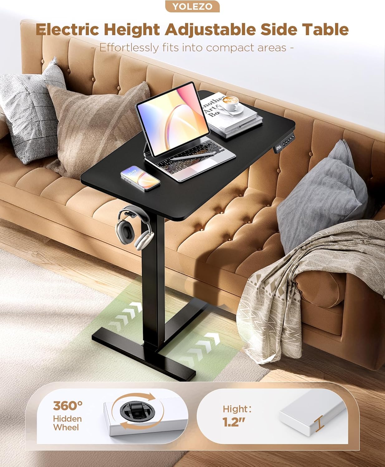 Electric Adjustable Height Standing Desk - Small Sit Stand Portable Rolling Laptop Table with Hidden Wheels, Small Computer Workstation for Bedside & Home Office Use (24"x16", Black)