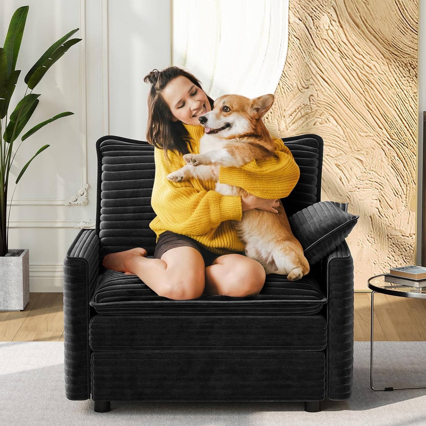 Vesgantti 40" Single Seat Sofa, Comfy Cloud Couch Deep Seat Upholstered Couch Corduroy Modern Sofa with Armrest Pillow, Easy Assembly for Living Room, Bedroom and Apartment, Black