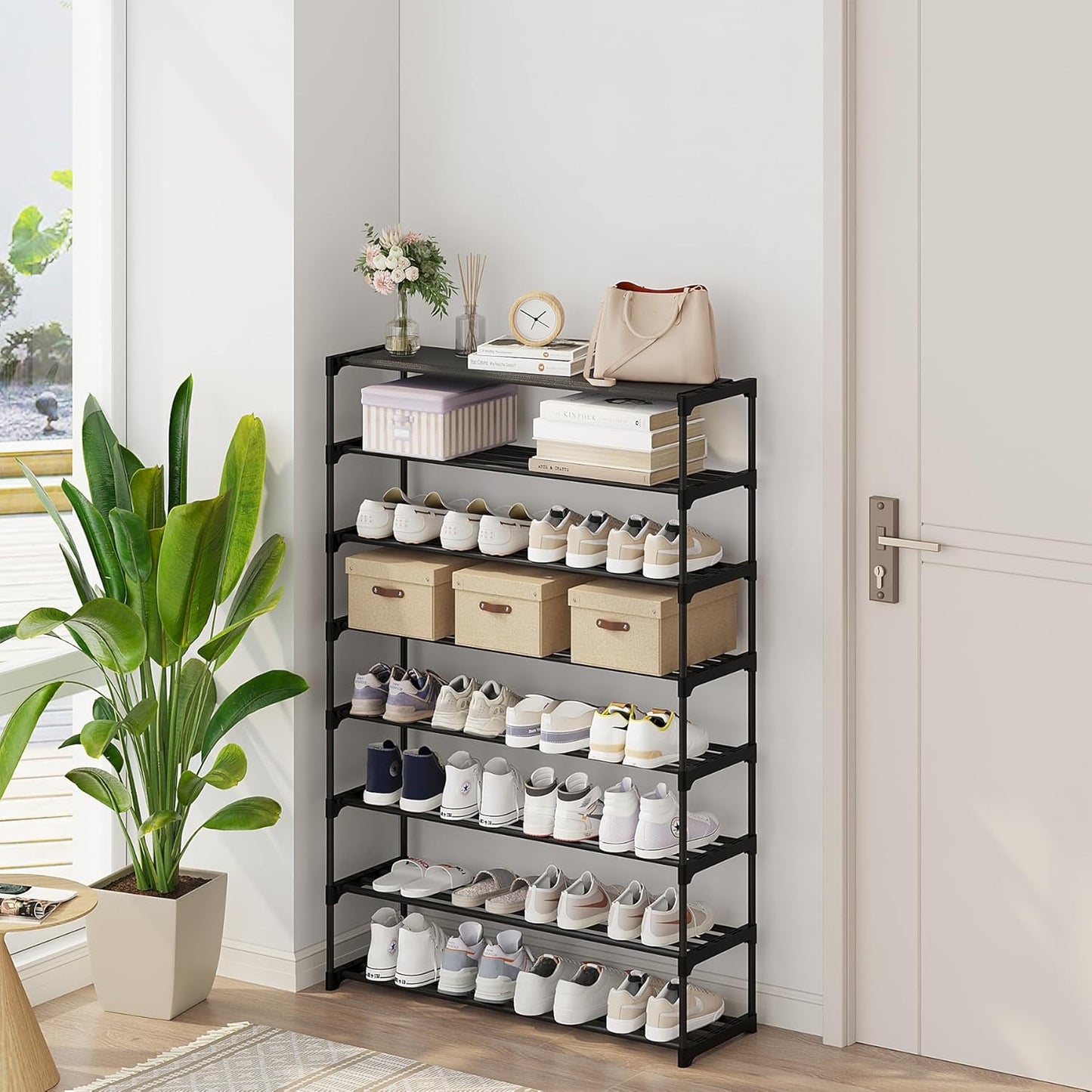 Calmootey 8-Tier Shoe Rack, Tall Large Capacity 40 Pairs Shoes Storage Organizer, Stackable Wide Shoe Shelf for Entryway, Hallway, Black