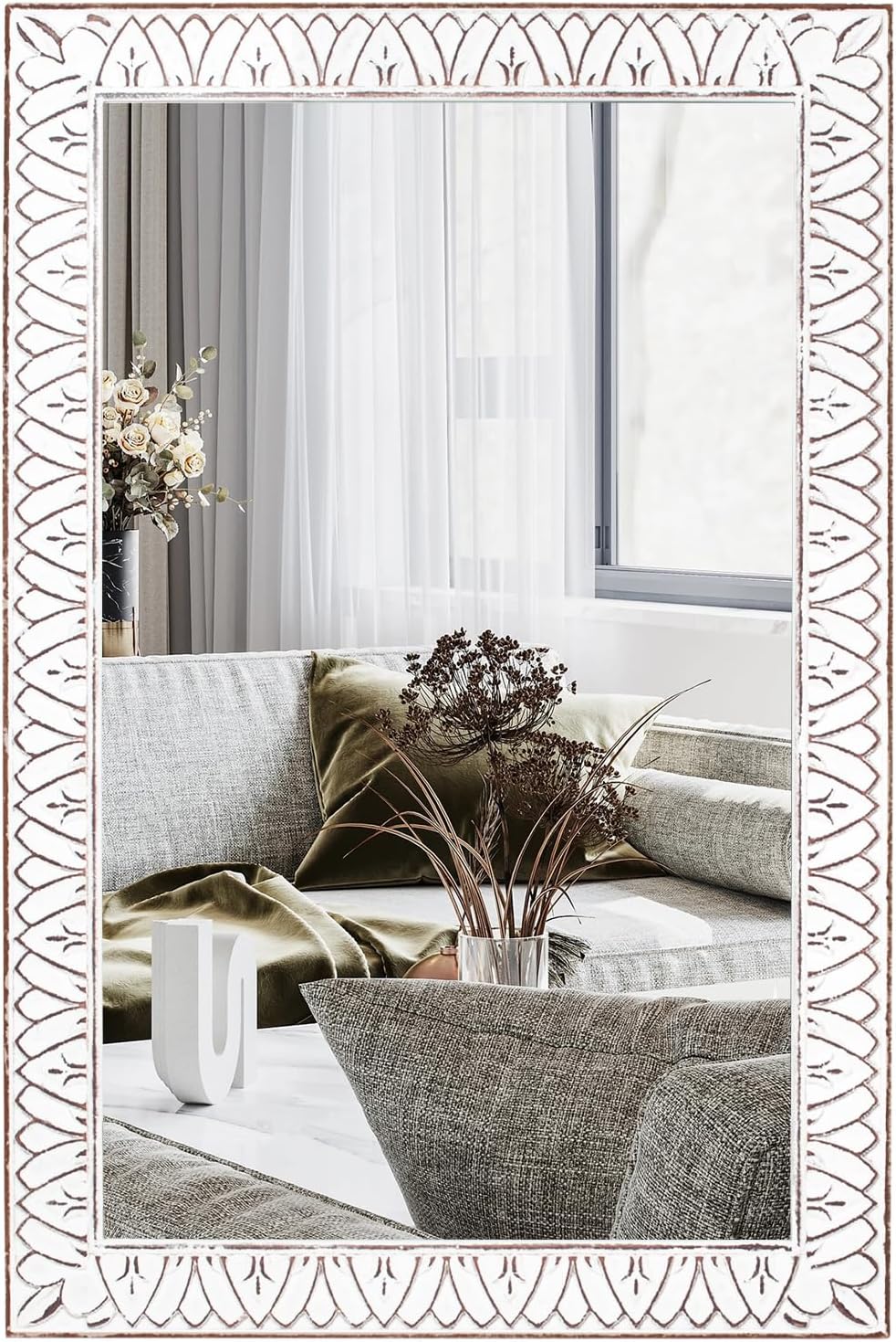 36x24 Inch Farmhouse Rectangle Wall Mirrors with Wooden Frame, Rustic Decorative Rectangular Mirror for Living Room, Bedroom, Bathroom, Entryway - Vertical/Horizontal Hanging