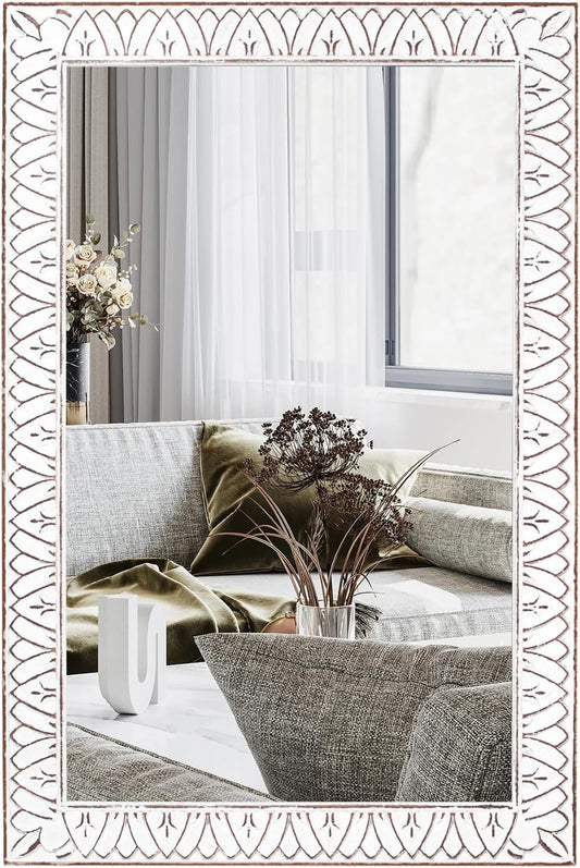 36x24 Inch Farmhouse Rectangle Wall Mirrors with Wooden Frame, Rustic Decorative Rectangular Mirror for Living Room, Bedroom, Bathroom, Entryway - Vertical/Horizontal Hanging