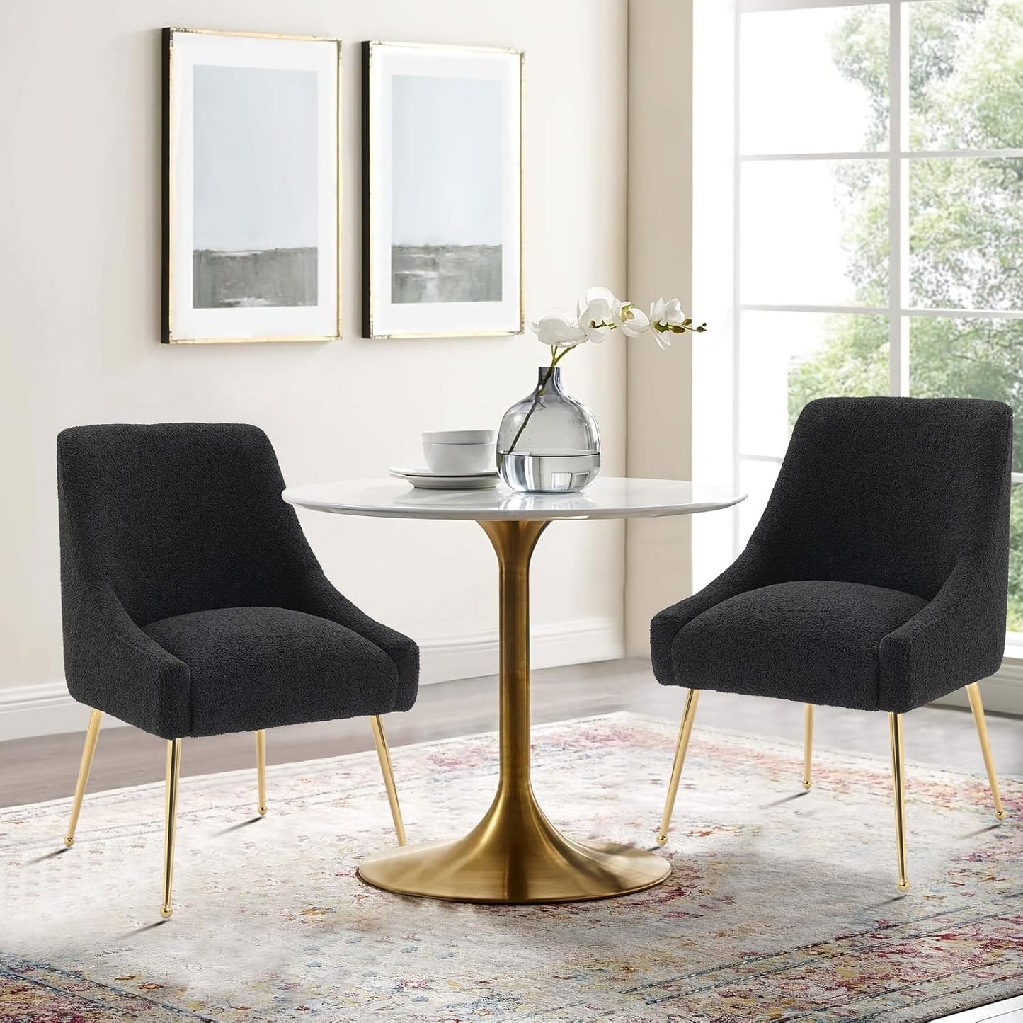 Dining Chairs Medieval Modern Restaurant Chairs, Soft Cushions, Teddy Velvet, Polished Gold Metal Legs, Kitchen Chairs, Living Room Black 2-Piece Set