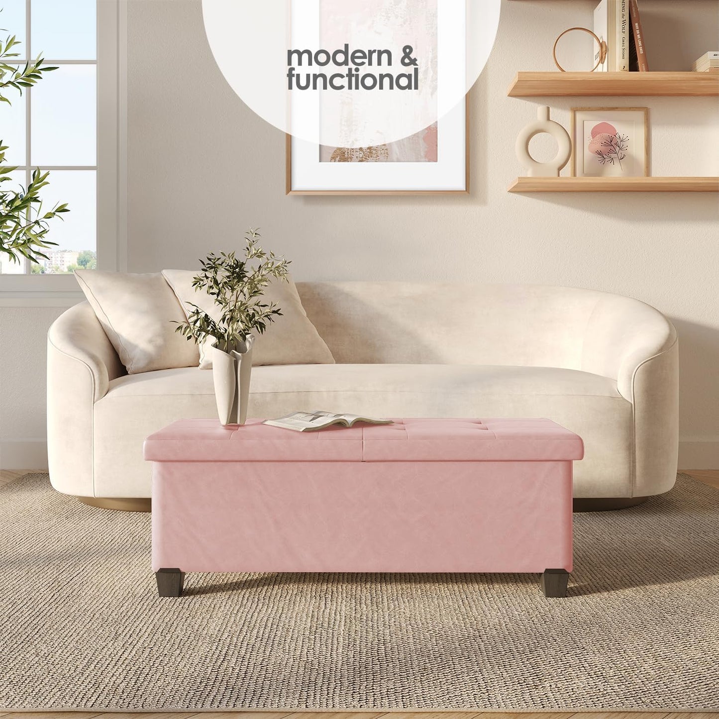 STORAGEBUD Storage Ottoman Bench with Bins, 43-in Storage Bench for Bedroom End of Bed, Folding Foot Rest Ottoman for Living Room Max 660lbs, Faux Leather Ottomans, Pink