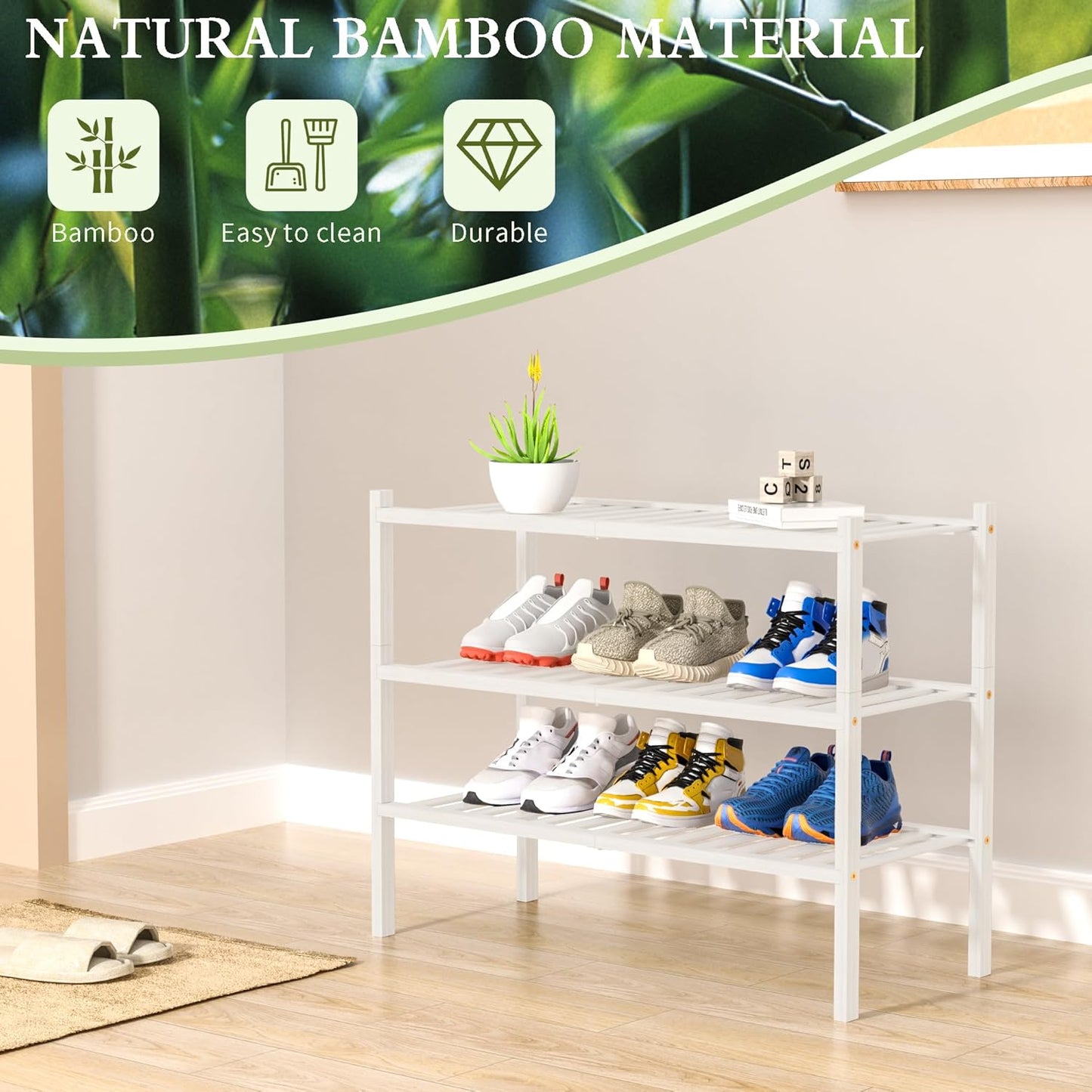 3 Tier Bamboo Shoe Rack for Closet Free Standing Wood Shoe Shelf Storage Organizer for Entryway Small Space Stackable 27"x11"x20" (White)