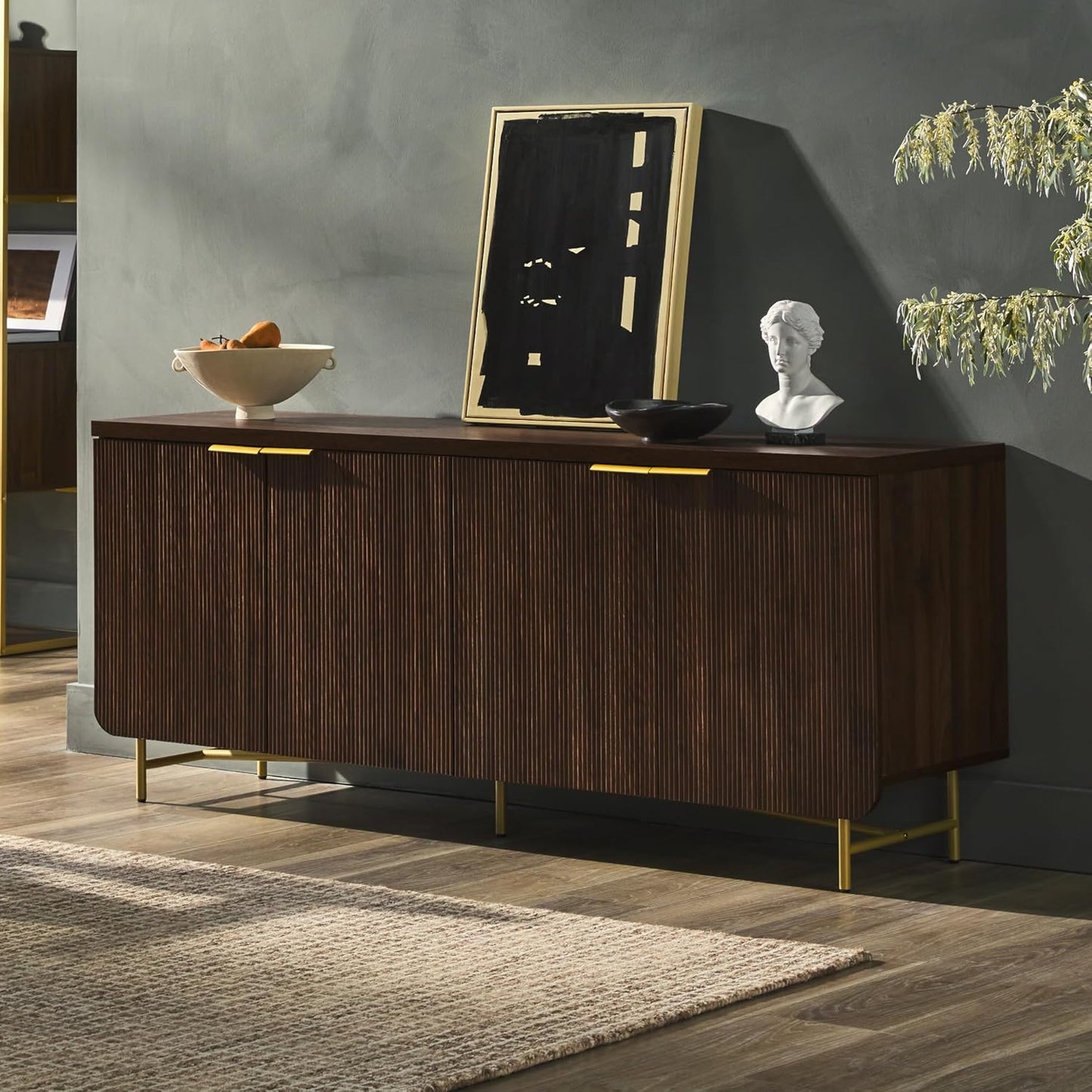 Walker Edison Reema Fluted 4-Door Kitchen Sideboard Buffet Console, 69 Inch, Gold,dark Walnut