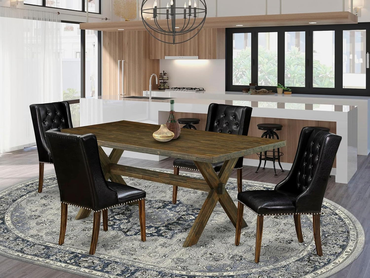 East West Furniture X777FO749-5 5 Piece Dining Set Includes a Rectangle Dining Room Table with X-Legs and 4 Black Faux Leather Upholstered Parson Chairs, 40x72 Inch, Multi-Color