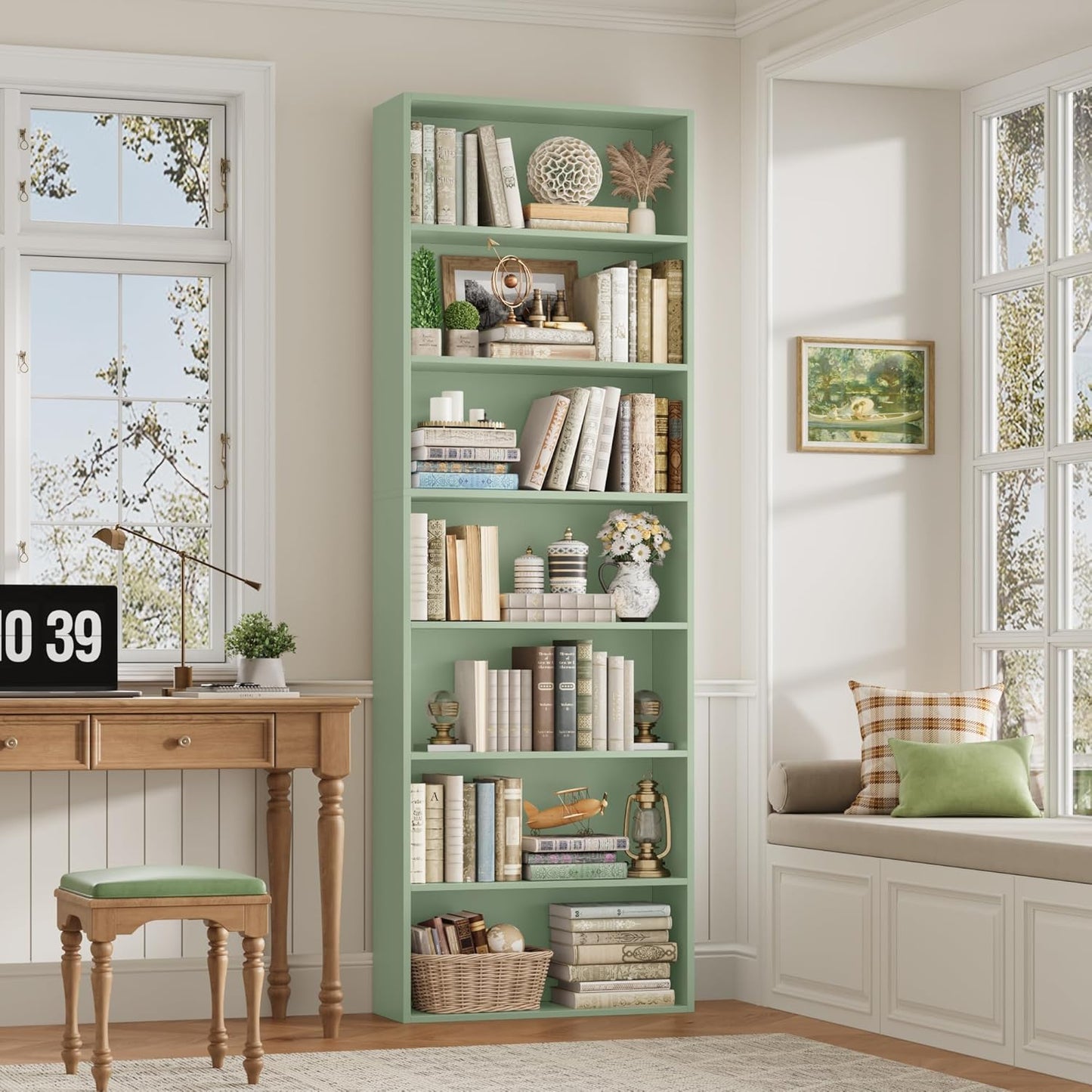 82" Tall Bookshelf, 7-Tier Open Shelves Bookcase, Freestanding Display Storage Shelves, Tall Bookcase Home Decor Furniture for Home Office, Living Room, Bedroom, Green