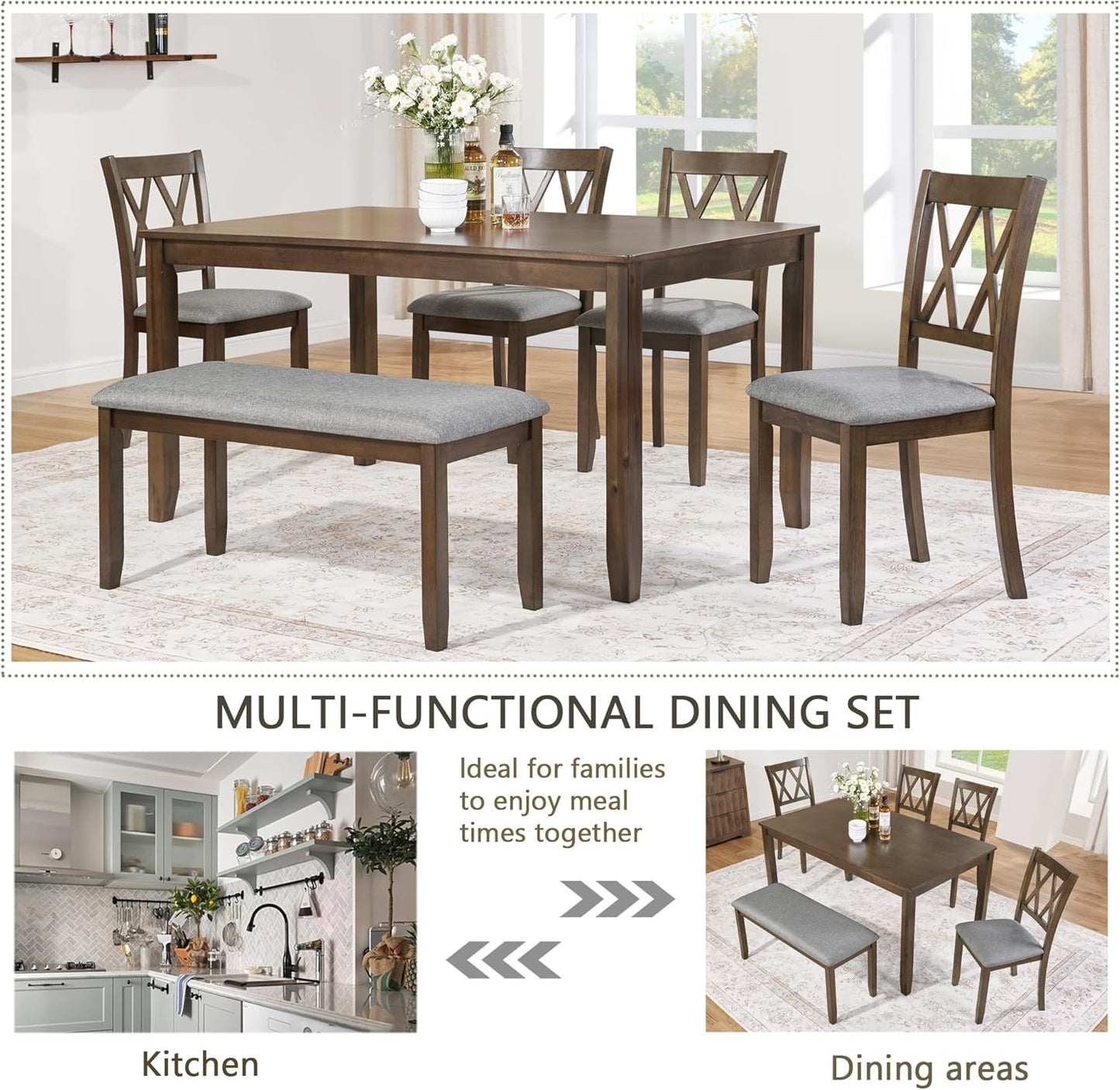 soges 6 Piece Kitchen Dining Set, Rectangular Wooden Dining Table with 4 Upholstered Chairs and a Bench, Morden Dining Table Set for 6 People, Living Room, Home and Kitchen, Walnut