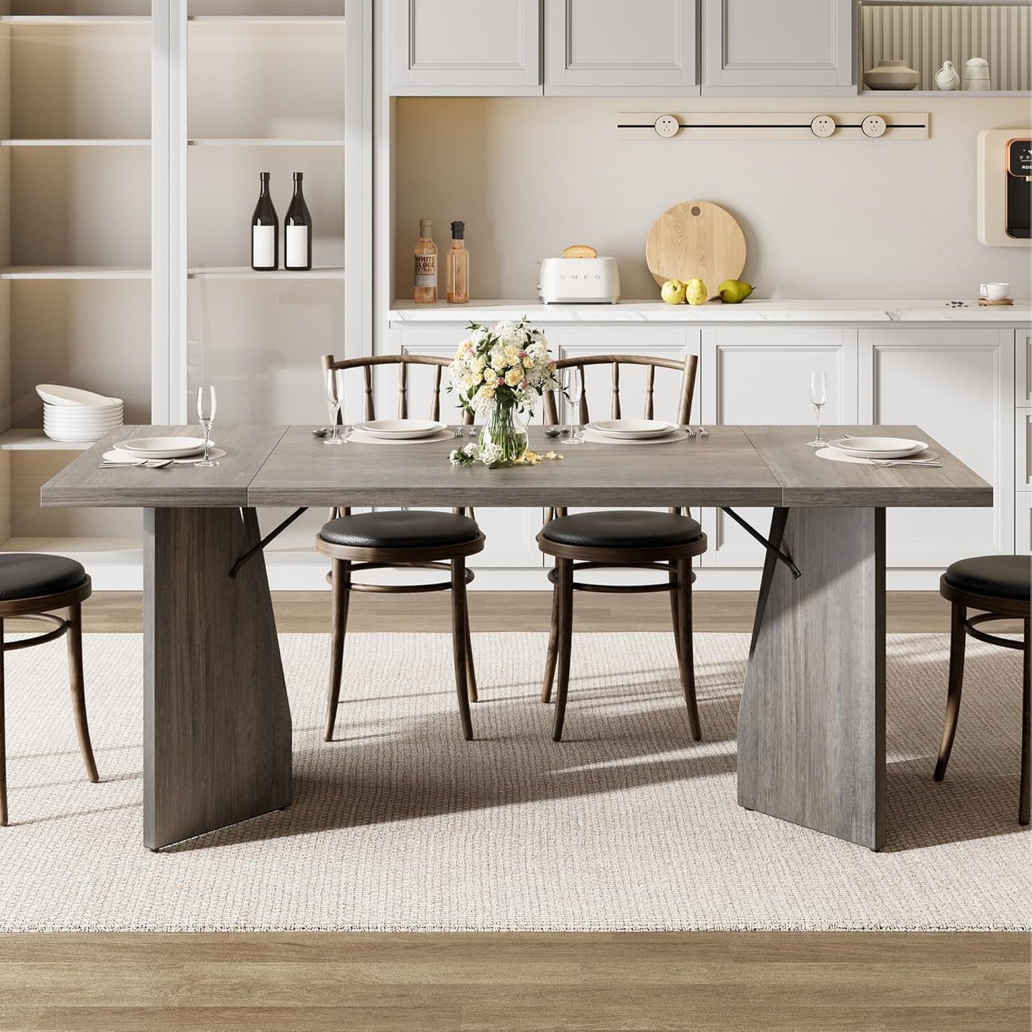 GarveeHome Dining Room Table 6, 70.9'' Rectangular Kitchen Table Dining Room Furniture with Sturdy Frame, Thickened Long Tabledesk and Dinner Desk for Party, Big Family, Flat Leg (Grey)