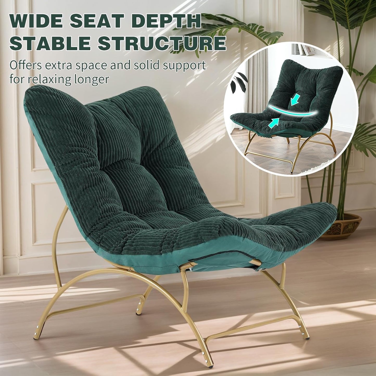 Welnow Accent Lounge Lazy Chair, Comfy Soft Leisure Metal Frame Reading Chair, Upholstered Thick Cushion Seated Recliner Sofa for Living Room, Bedroom, Dorm, Dark Green