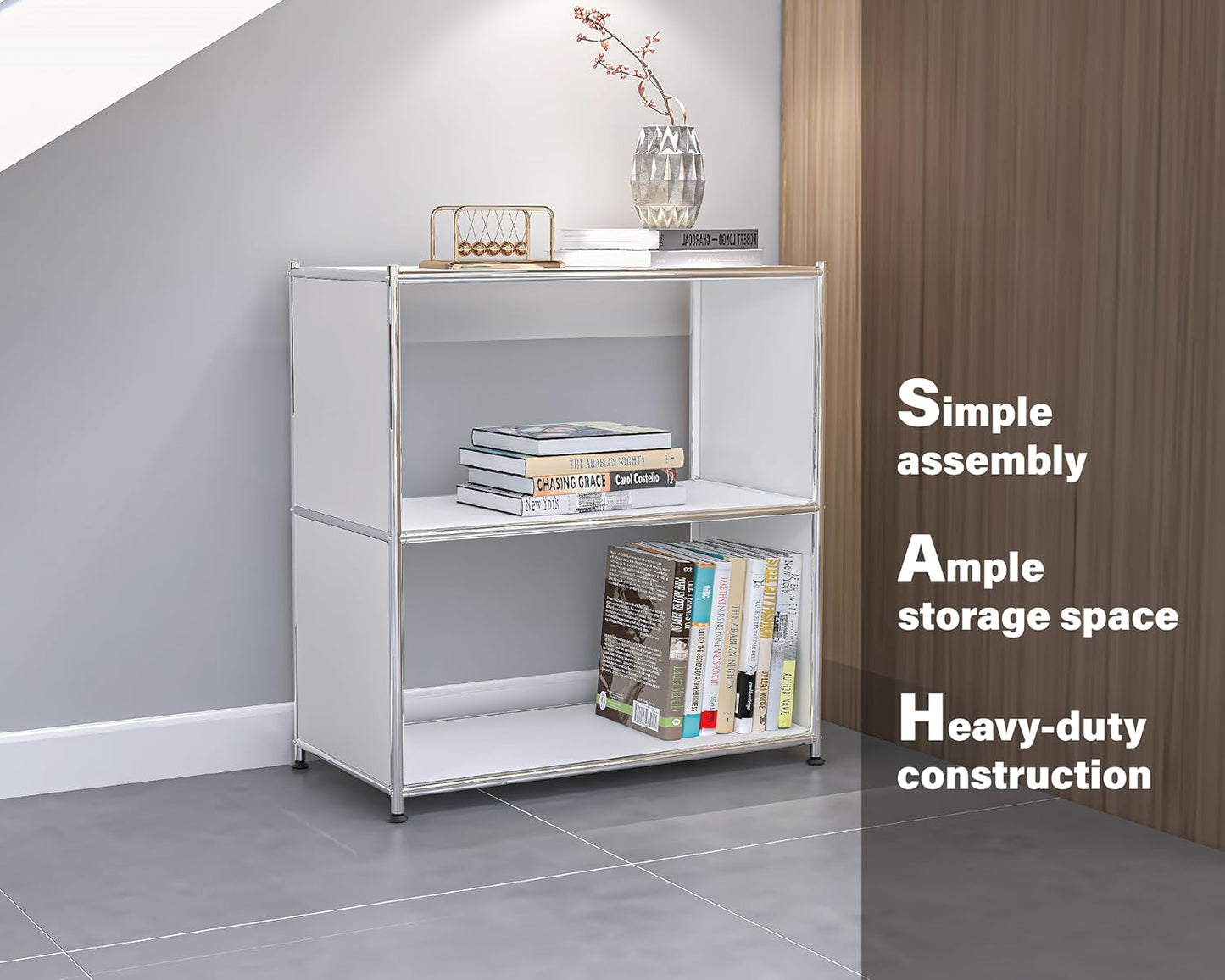 32-Inch 2-Tier Metal Bookcase, Open Shelf Storage Organizer for Living Room, Bedroom, Side Table or Nightstand Use, Modern DIY Assembly, White