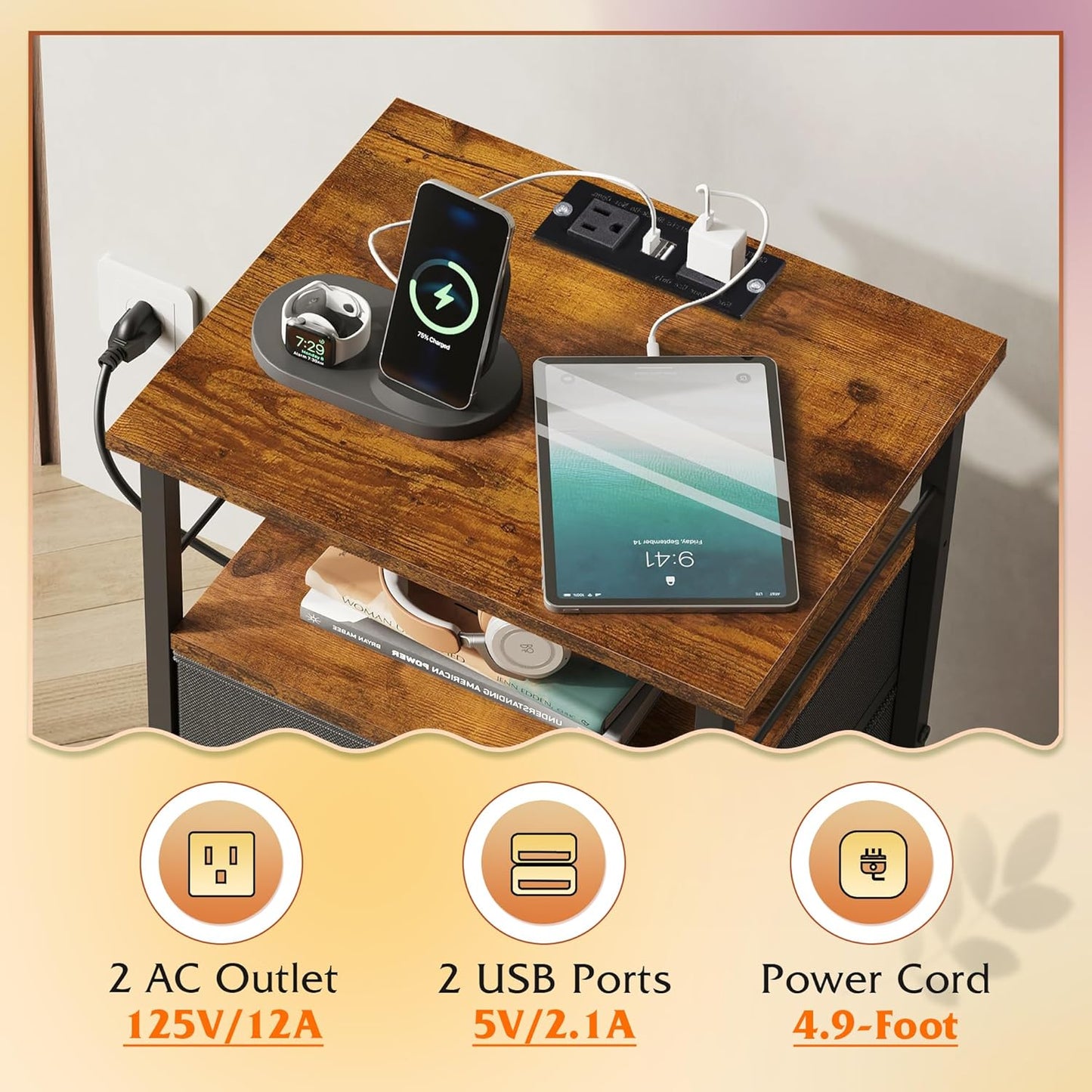 WLIVE Nightstands Set of 2, Night Stand Set 2 with Charging Station, Bedside Tables for Bedroom, Side Table with 2 Fabric Drawers, Small Dresser, USB Ports and Outlets, Black and Rustic Brown