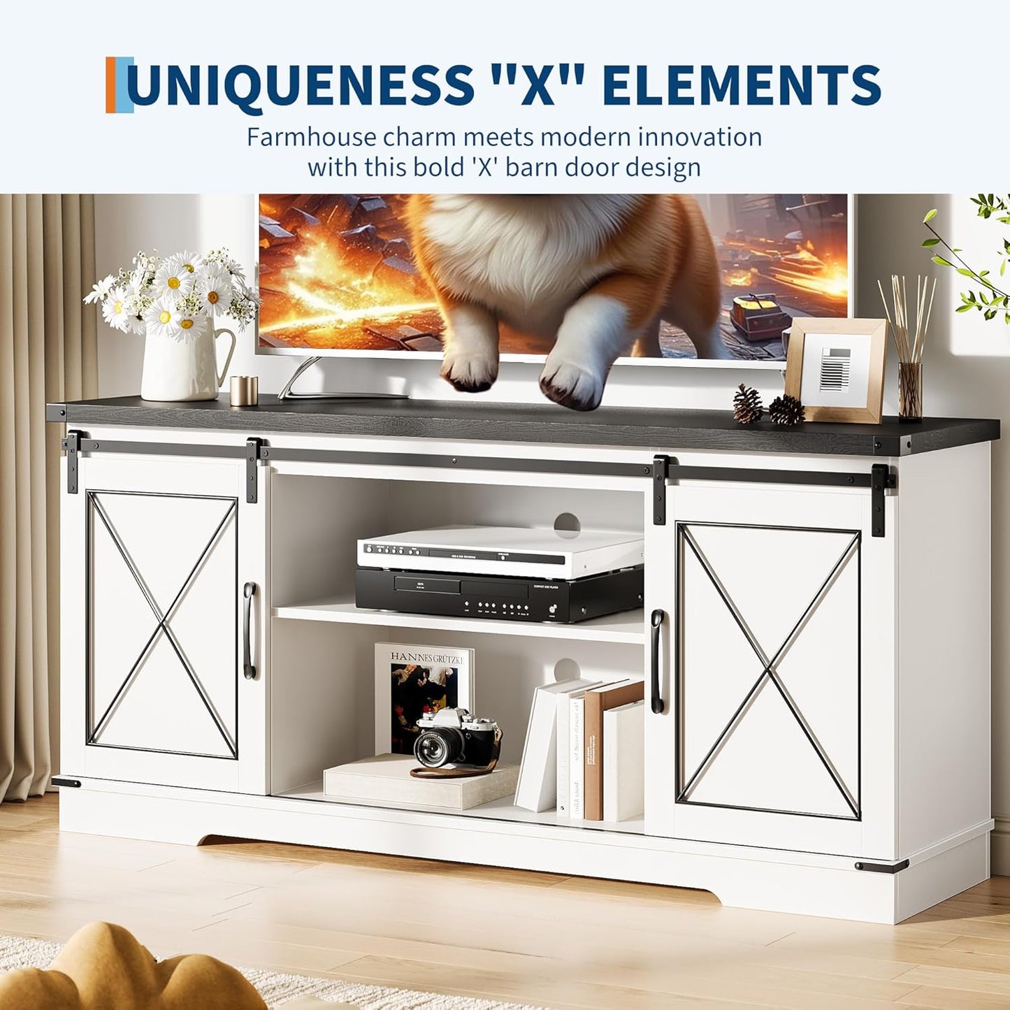 GarveeHome Farmhouse TV Stand for TV up to 65 Inches and Entertainment Center with Sliding Barn Doors and Adjustable Shelf, Tv Media Console Table with Storage Cabinet for Living Room, Bedroom, White