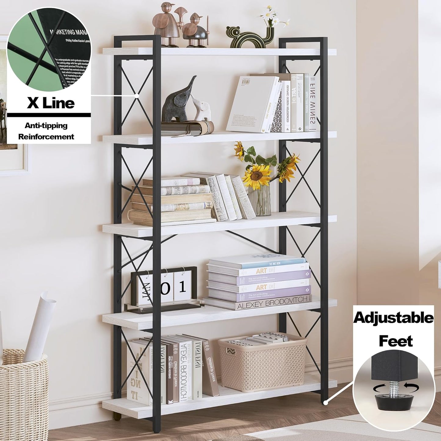 HCHQHS Bookshelf, 5-Tier Industrial Bookcase, Open Book Shelf, Freestanding Tall Bookshelves with Metal Frame