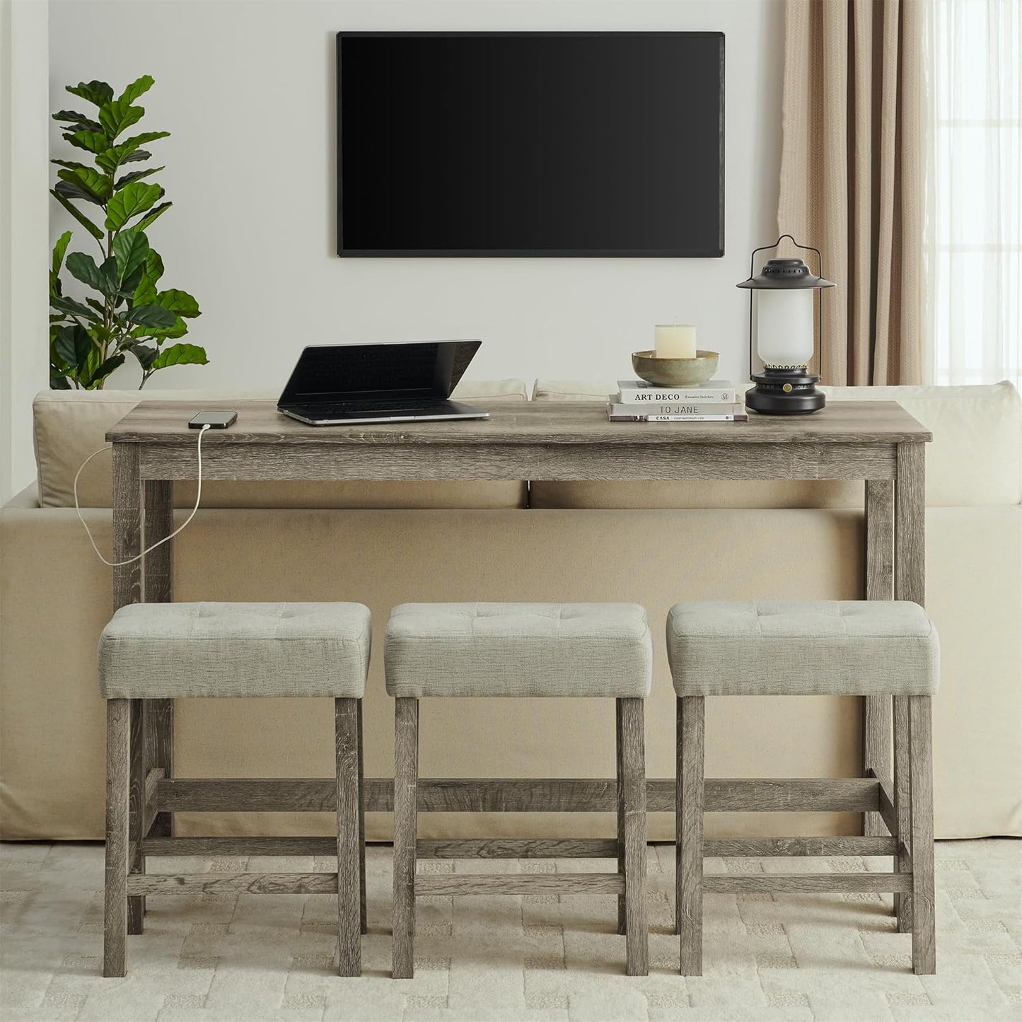 Ball & Cast 4 Piece Kitchen Dining Room Table and Chairs Set, Farmhouse Wooden Counter Height Bar-Sets w/USB Ports & Power Outlet & 3pcs Stools, 59" Sofa-Table Barstool w/Charging Station, Brown