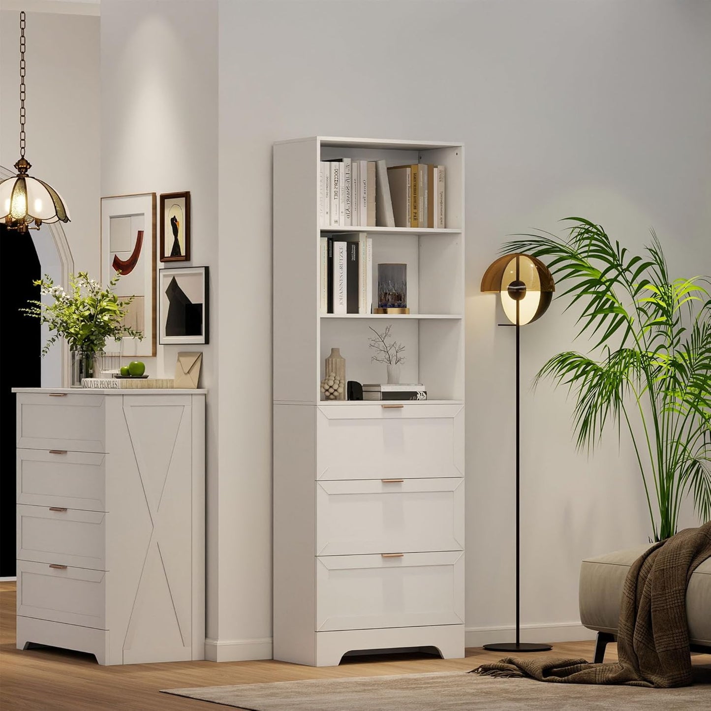 71" Tall Modern White Bookshelf with Storage 3 Drawers Freestanding Display Bookcase, Tall Book Shelf with Organizers and Storage, Display case for Home Office, Living Room,Study,White