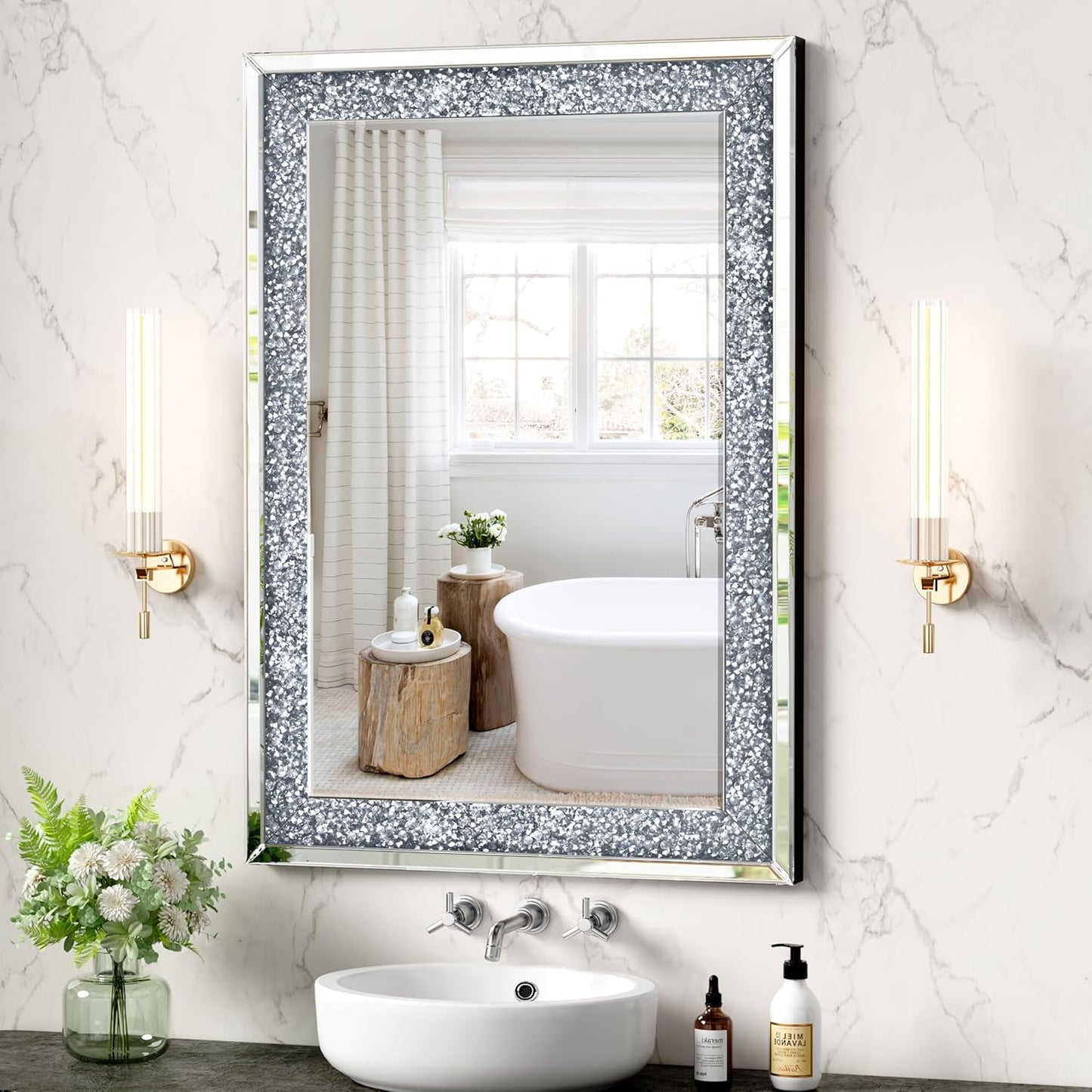 Crystal Crush Diamond Mirror-40 x28 Silver Mirror, Gorgeous Wall Mirror, Rectangle Mirrors for Wall Bathroom, Bedroom, Dining Room and Living Room
