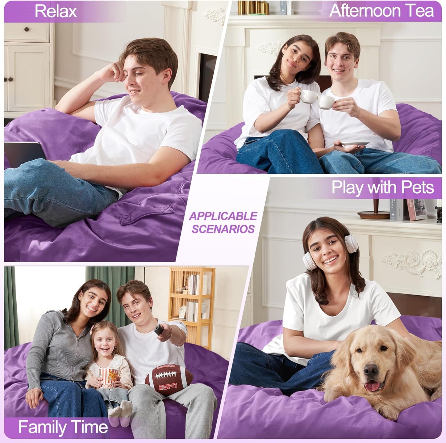 Homguava 5 FT Bean Bag Chair: 5' Bean Bags with Memory Foam Filled, Large Beanbag Chairs Soft Sofa with Dutch Velvet Cover-Purple