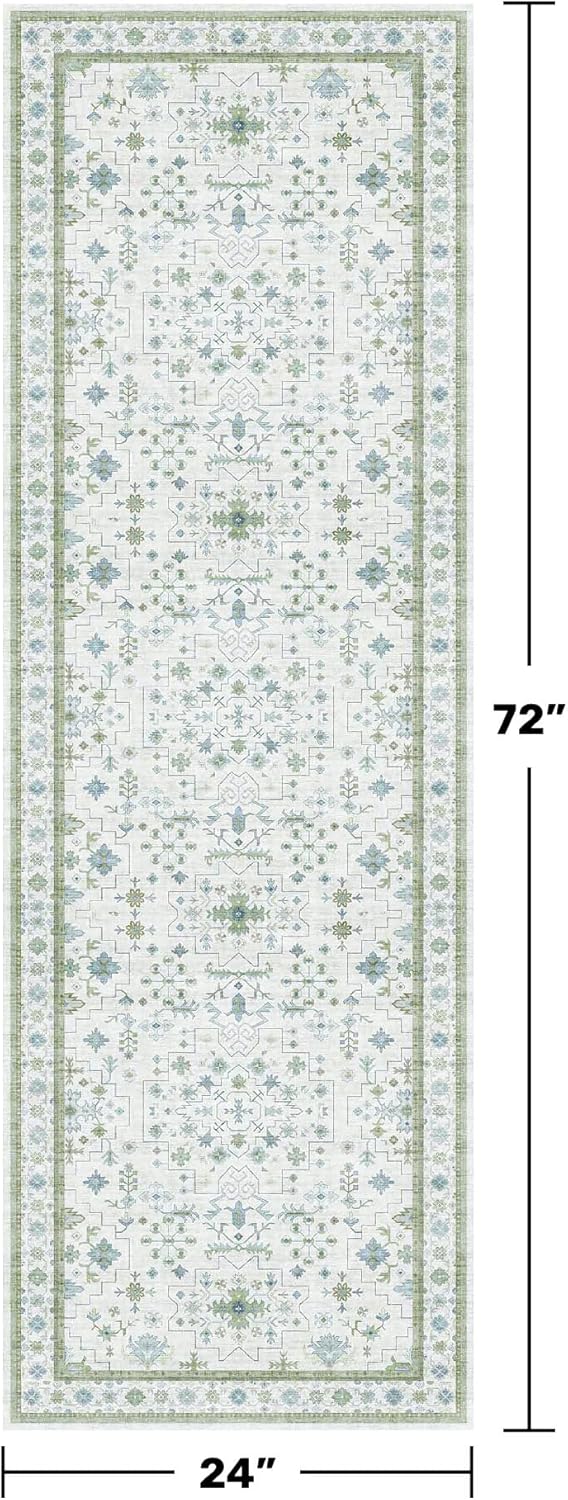Blue and Green 2x6 Boho Bathroom Runner - Modern Vintage Eclectic Floral Pastel Geometric Oushak Runners, Washable Low Pile Non Slip Small Area Rugs for Kitchen, Hallway, Bedroom, Laundry, Powder Room