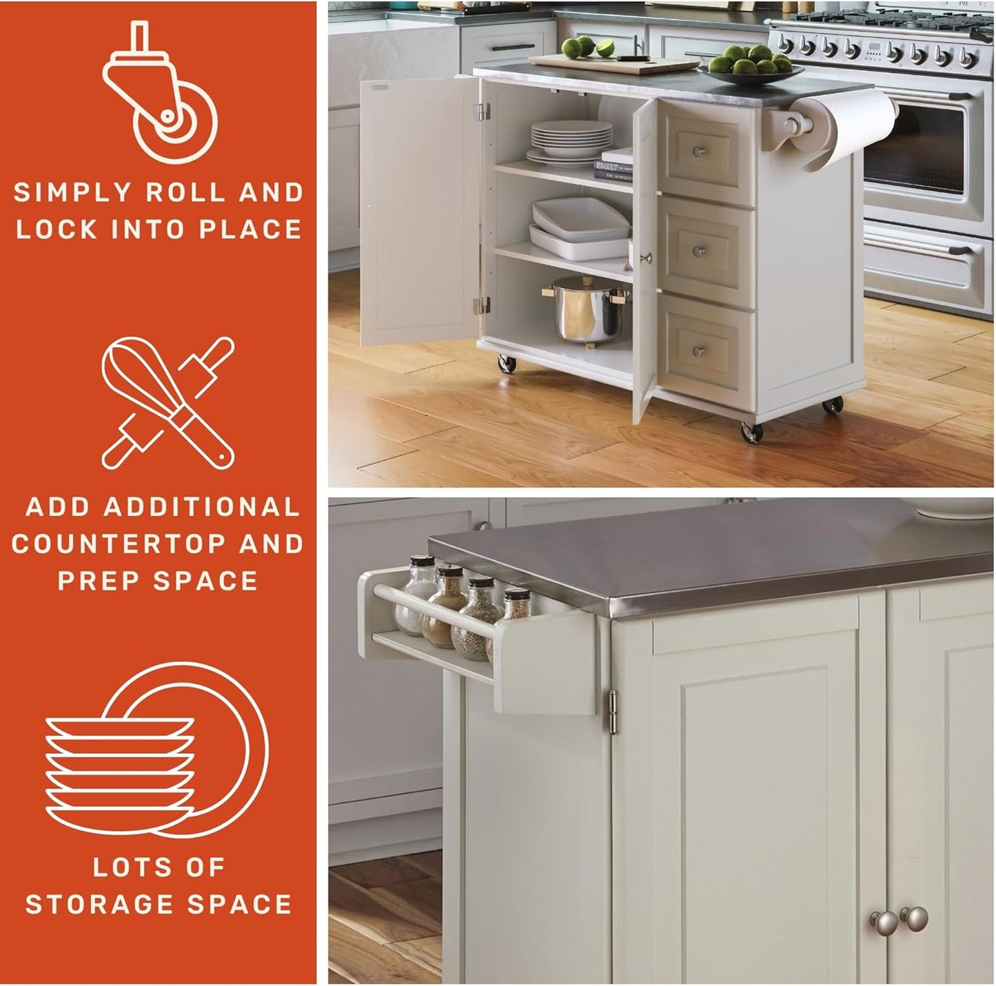 Homestyles Dolly Madison Rolling Mobile Kitchen Island with Storage and Towel Rack, 54 Inch Width, Off White