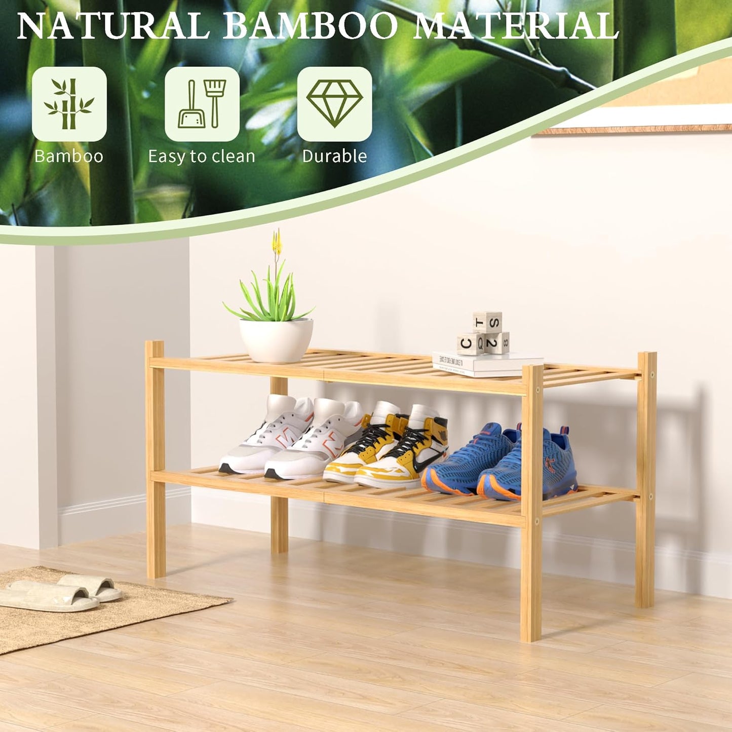 2 Tier Bamboo Shoe Rack for Closet Free Standing Wood Shoe Shelf for Entryway Small Space Stackable 27"x11"x13" (Natural)