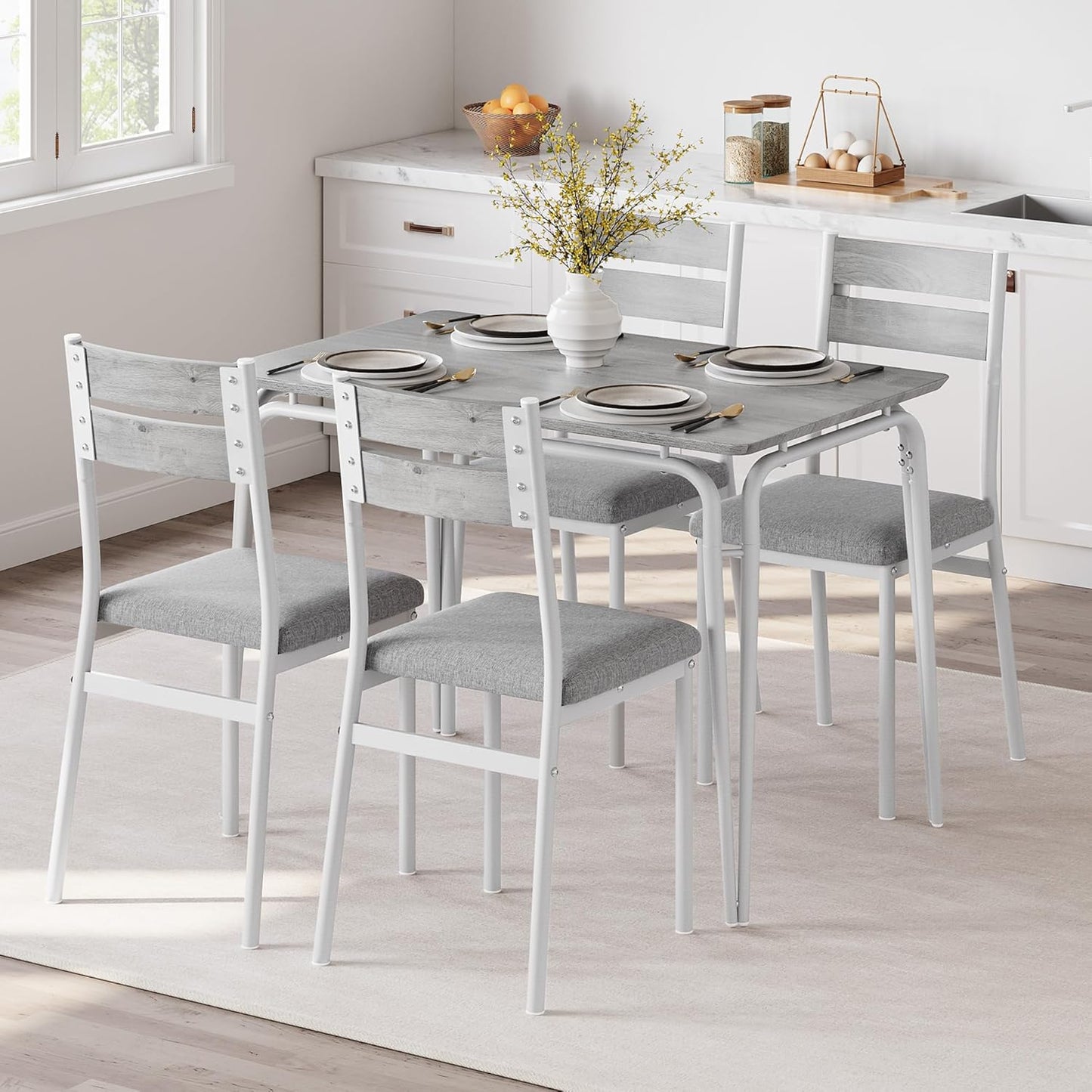 Dining Table for 4, Small Table and Chairs Set of 4, Square Dinette Set for 4, 5 Piece Kitchen & Dining Room Sets for Small Space (White, Table with 4 Upholstered Chairs)