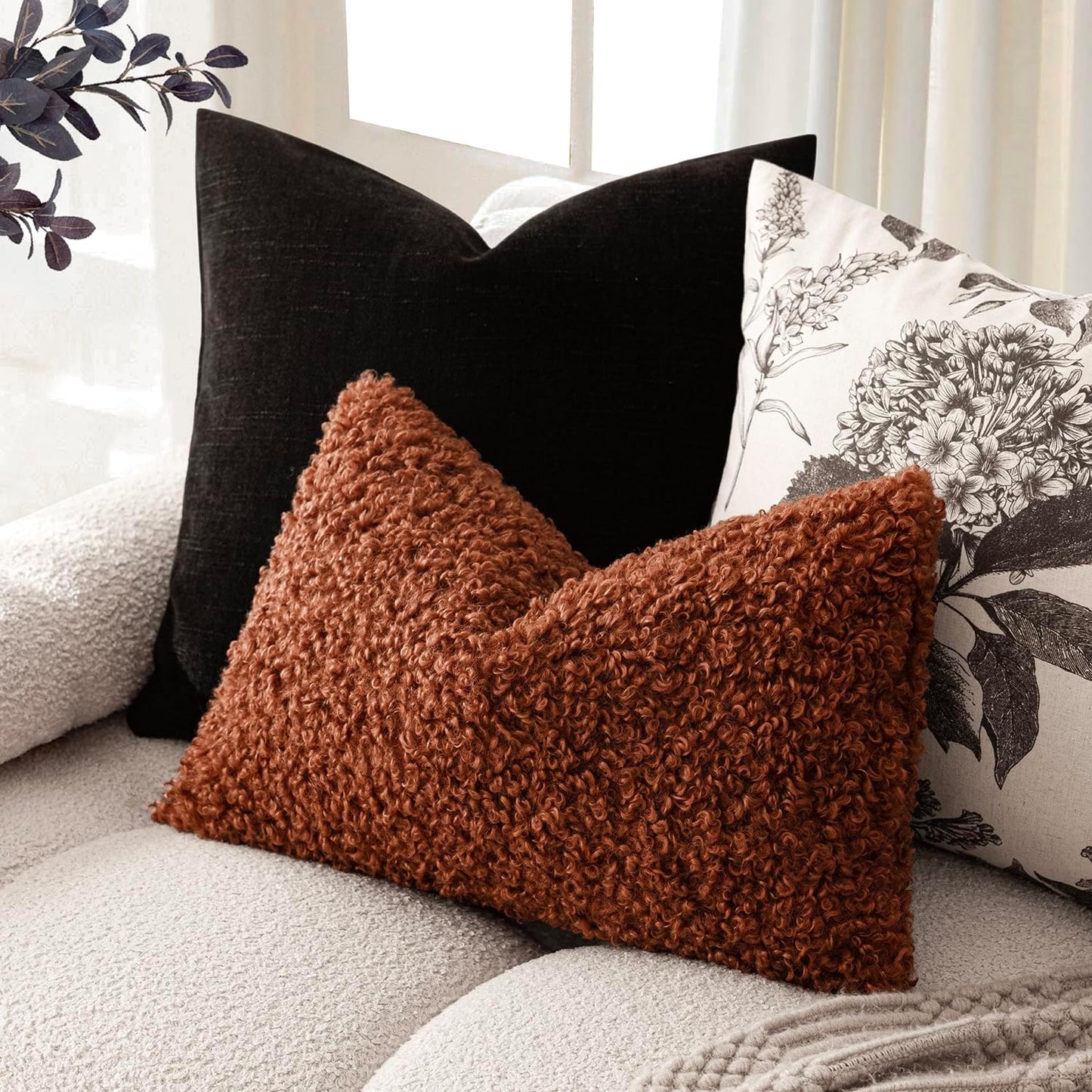 Foindtower Set of 2 Curly Teddy Wool Pillow Covers Decorative Boucle Textured Lumbar Throw Pillow Faux Fur Sherpa Pillowcases Sheepskin Fuzzy Cushion Case for Sofa Bedroom Car 12"x20" Hazel Brown