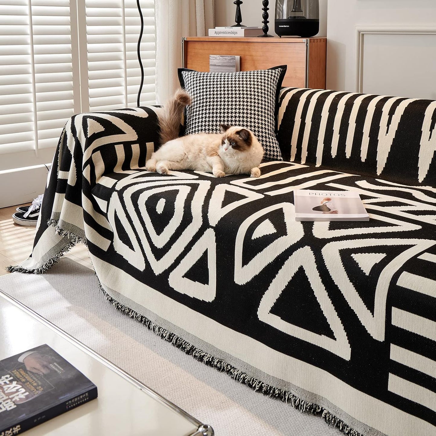 STACYPIK Reversible Boho Couch Cover Ivory Black Futon Armchair Slipcovecrs Anti-Slip Sofa Cover for Dogs Cats Geometric Triangle Couch Cover Versatile Furniture Protector for 2 Cushion Couch-71X90IN