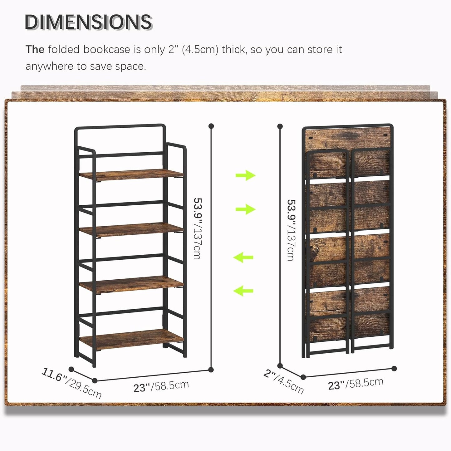 4NM No Assembly Folding Bookshelf, 4-Shelf 54" H Collapsible Foldable Bookcase Storage for Small Spaces, Rustic Brown and Black