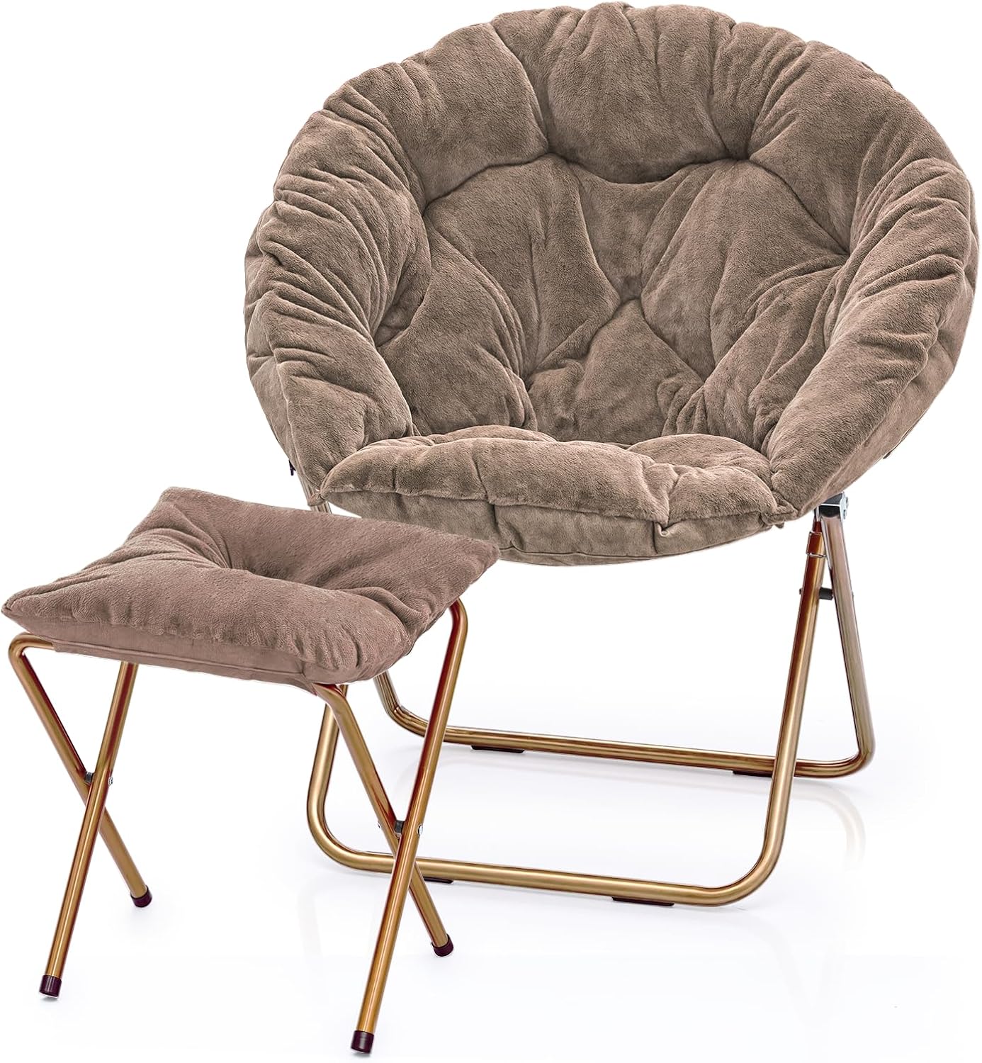 MoNiBloom Round Folding Faux Fur Saucer Chair for Bedroom Living Room Dorm Foldable Metal Frame Oversized Large Comfy Furry Padded Soft Cozy Moon Chair with Footrest Ottoman for Adults (Beige)
