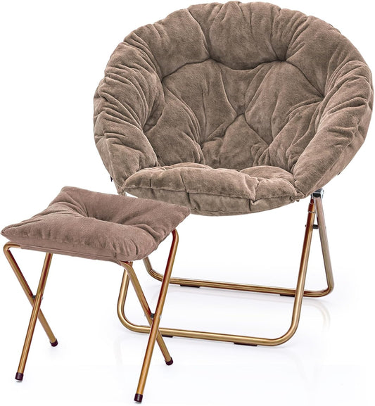 MoNiBloom Round Folding Faux Fur Saucer Chair for Bedroom Living Room Dorm Foldable Metal Frame Oversized Large Comfy Furry Padded Soft Cozy Moon Chair with Footrest Ottoman for Adults (Beige)