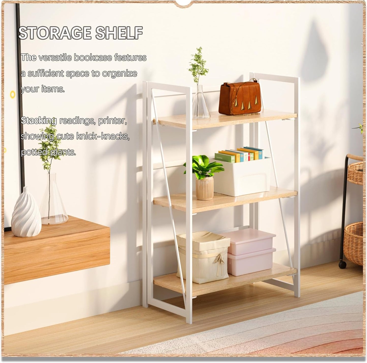 4NM No Assembly 3 Tiers Book Shelves, White Folding Bookshelf Bookcase Open Industrial Foldable Shelves for Bedroom, Living Room, Home Office - Natural White