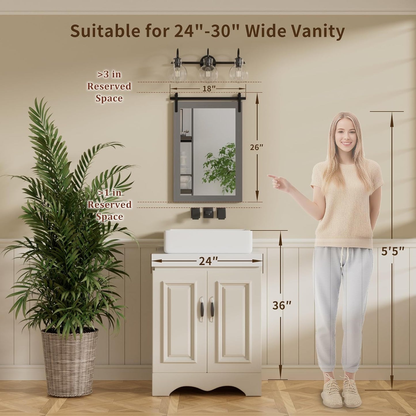 Farmhouse Wall Mirror, Rustic Wood Frame Bathroom Mirror Barn Door Inspired Decorative Vanity Dress Mirrors for Living Room Entryway, 18x26 INCH Gray Vertical