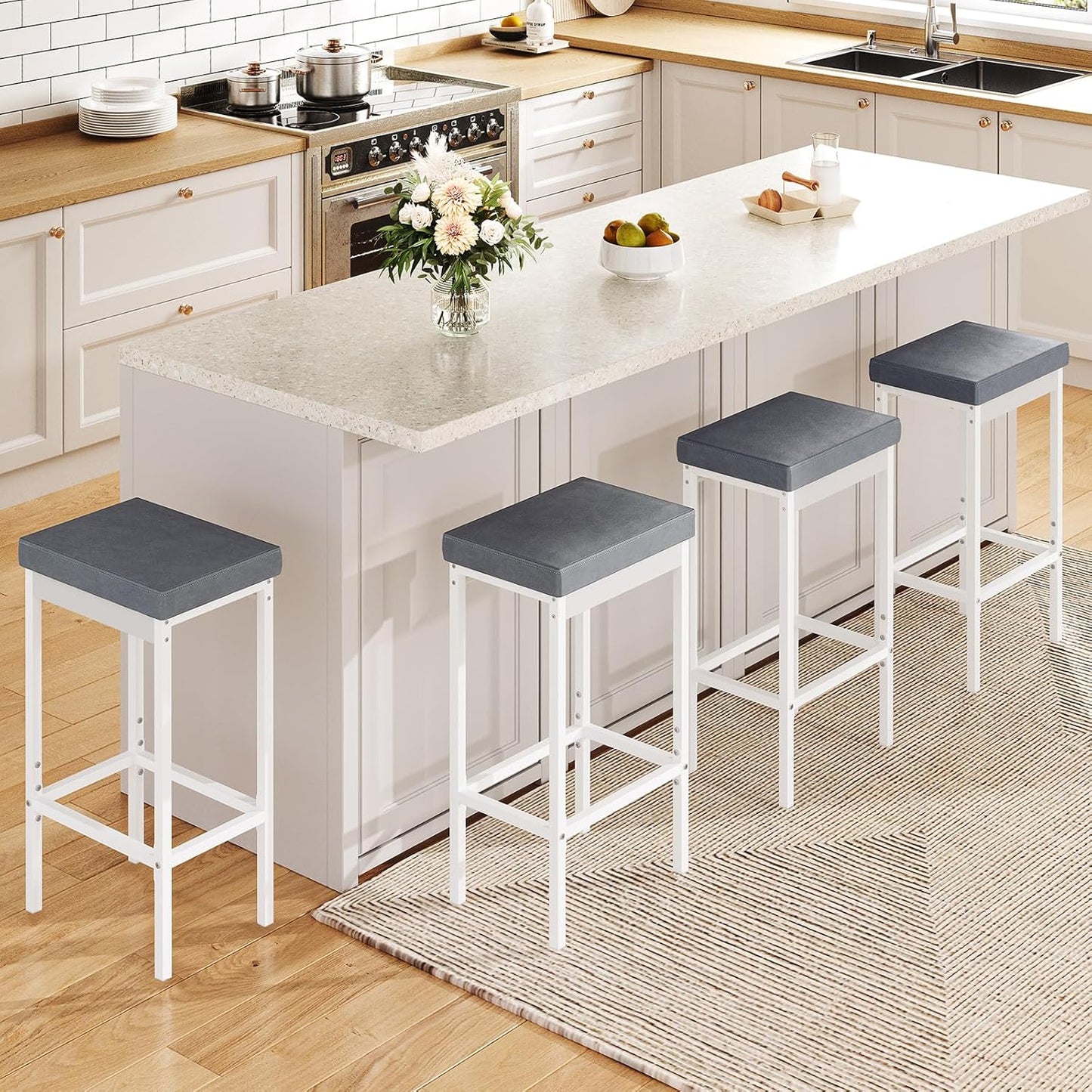 HOOBRO Bar Stools, 24.8-Inch Height Stools, Breakfast Bar Stools, Kitchen Bar Chairs, 2" Thick Upholstery, for Kitchen, Dining Room, Cafe, Bar Counter, White and Gray WG21BY01